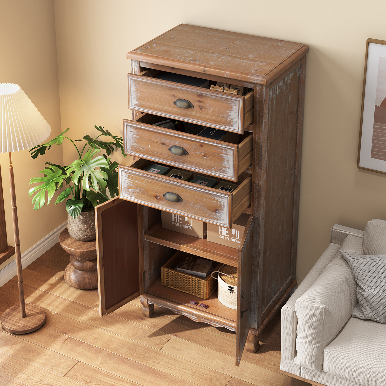 Rustic Wooden Storage Cabinet With Decorative Cutout Door & 3 Drawers, Tall Narrow Organizer For Living Room, Bedroom Natural Wood_voghion.com