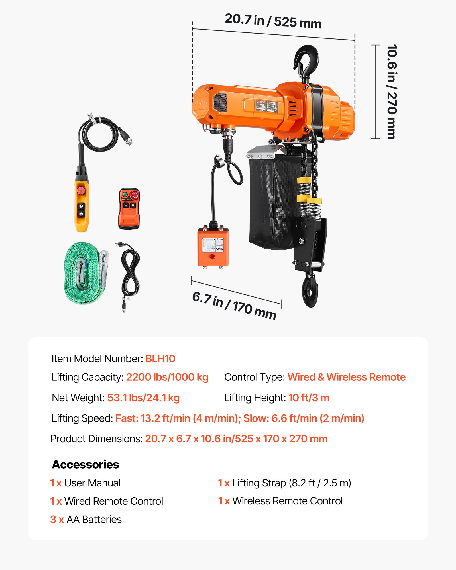 2200 Lbs Electric Chain Hoist, 10 Ft Lifting Height, 120V Single Phase Overhead Crane With 328 Ft Wireless & 8 Ft Wired Remote Control, Power Electric Hoist For Factories, Warehouses, Garages