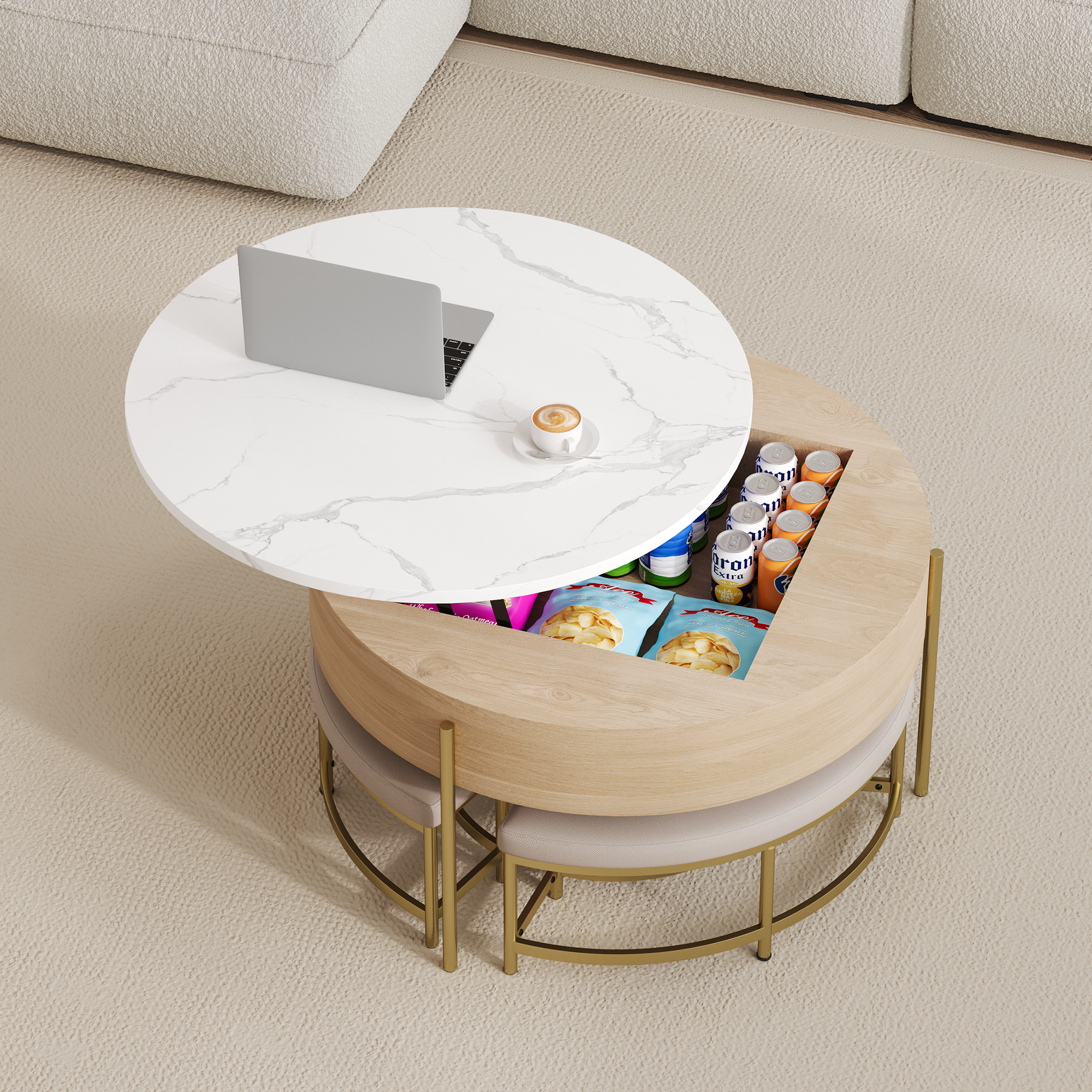 Round Lift-Top Coffee Table with Ottomans, picture 4 of 4