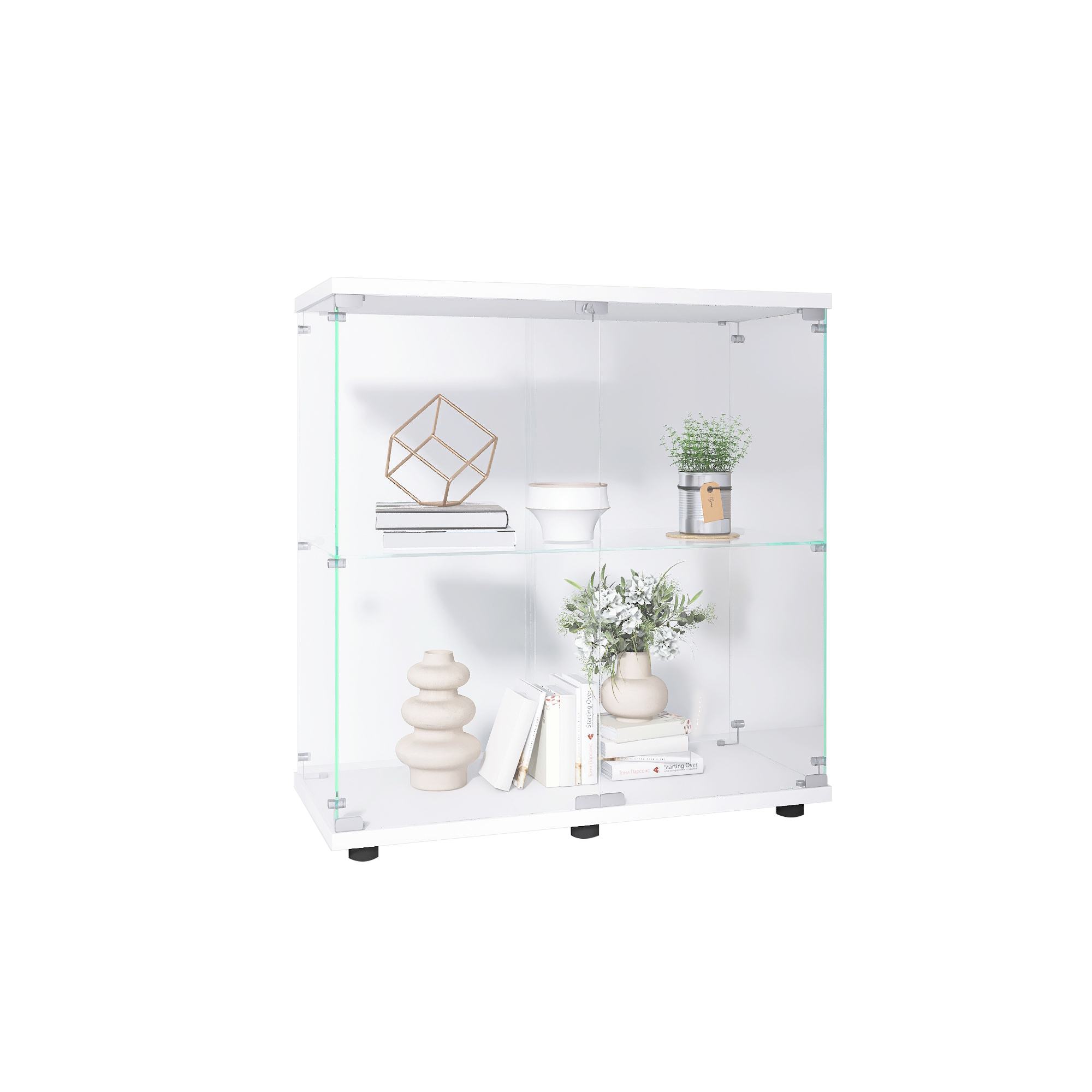 White Two Door Glass Display Cabinet Floor Standing Curio Shelves_voghion.com