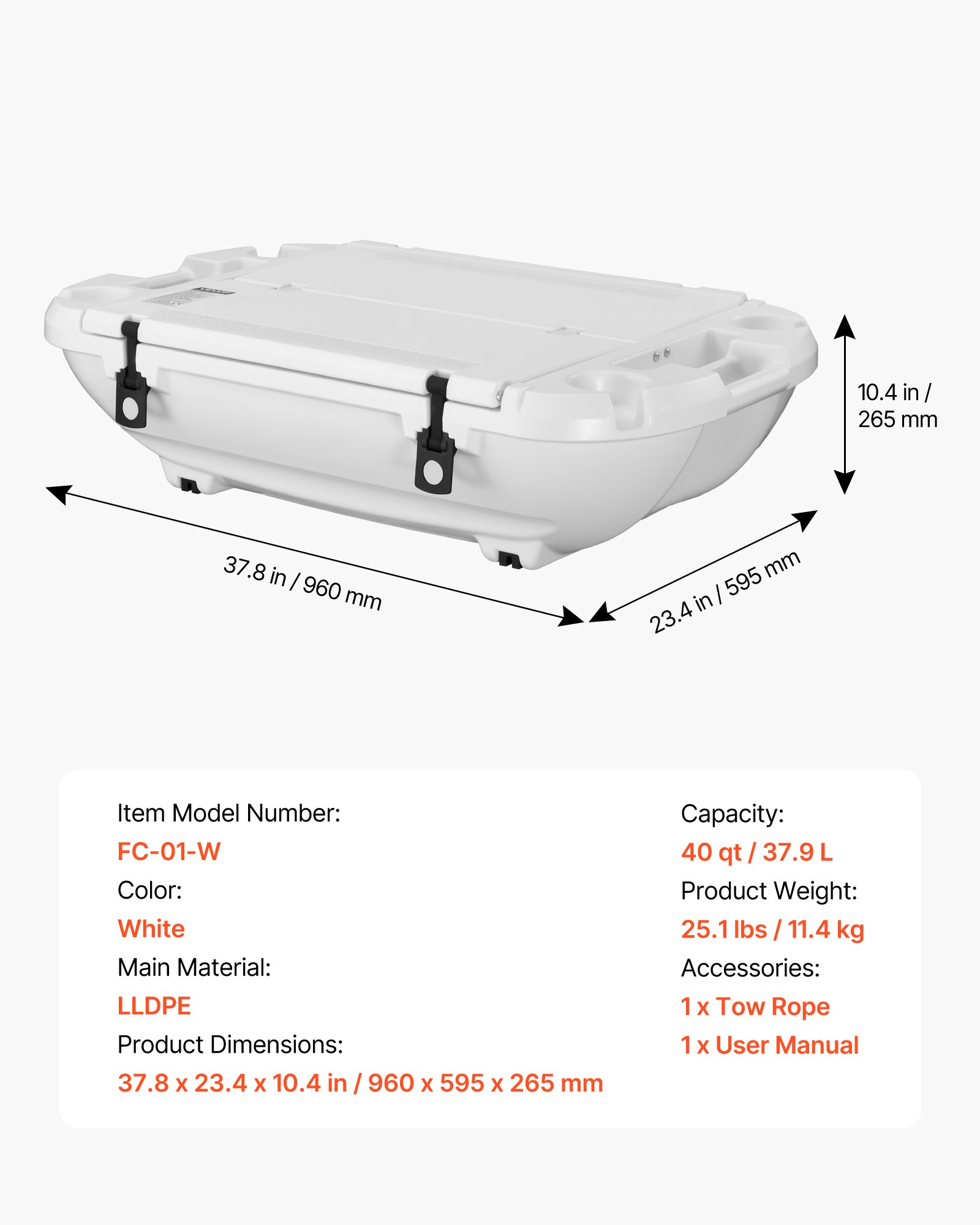 Floating Cooler, 40 QT Floating Ice Chest With Dry Storage & Tow Rope, Premium LLDPE Amphibious Drink Cooler For Water & Land, Cruise Smoothly Stable On Lake, River, Pool, Beach, Kayak, White