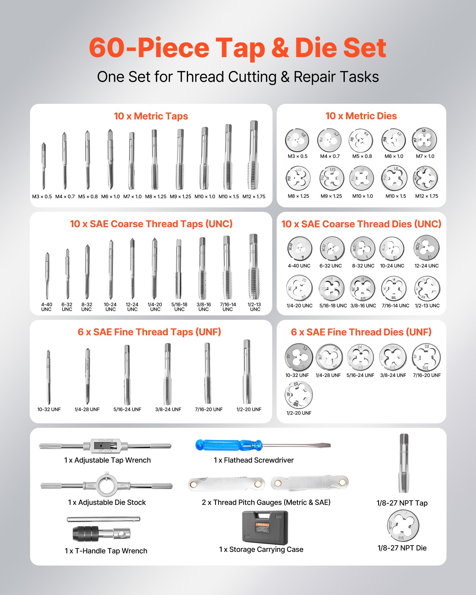 Tap And Die Set, 60-Piece Metric And SAE Sizes M3 To M12, #4 To 1/2", With Coarse And Fine Thread Taps And Dies,… - 3