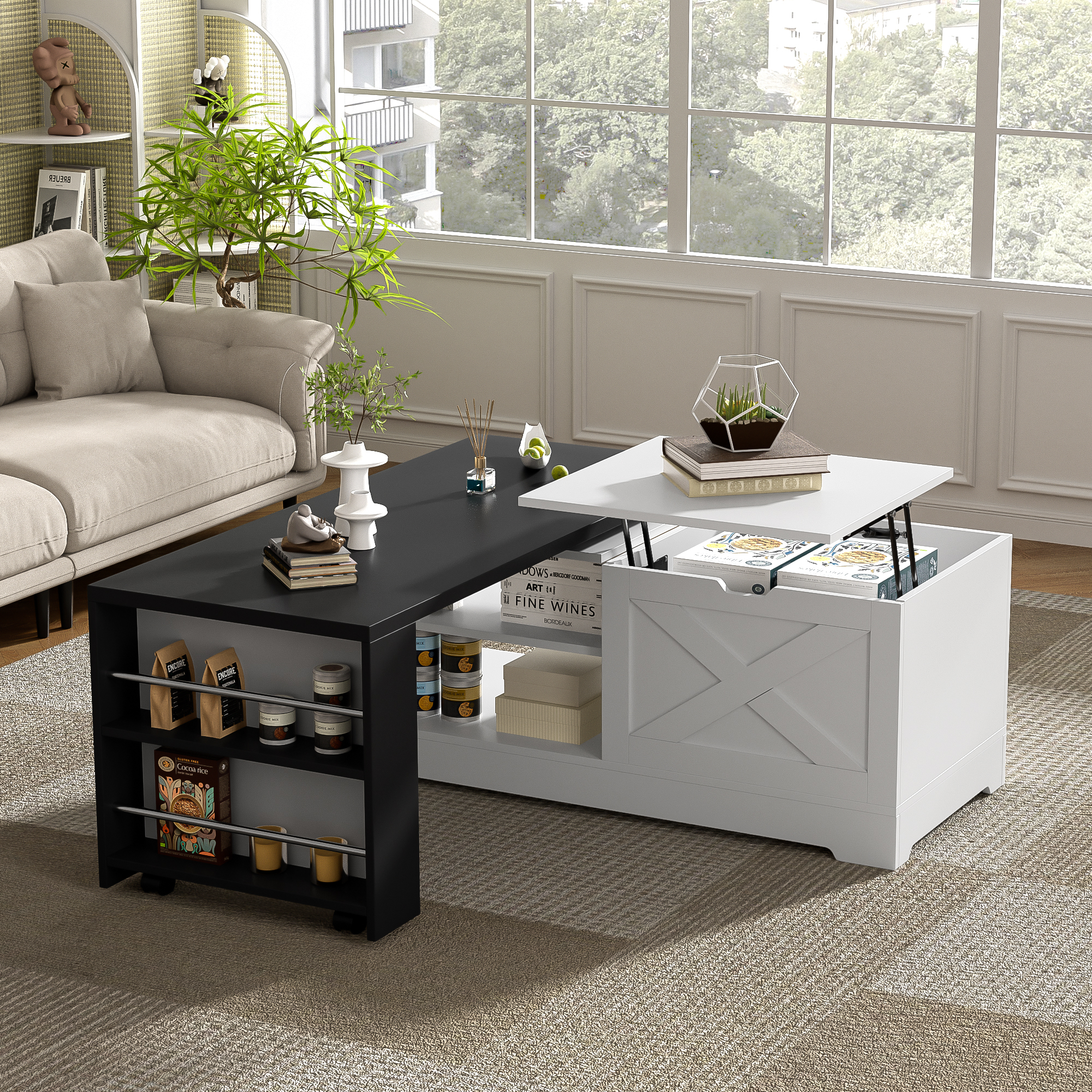 U-Can Farmhouse  Lift Top Coffee Table With Barn Doors, Wood Rectangle Center Table With Large Hidden Storage Space And Open Cabinet, For Living Room, Bedroom, Home Office
