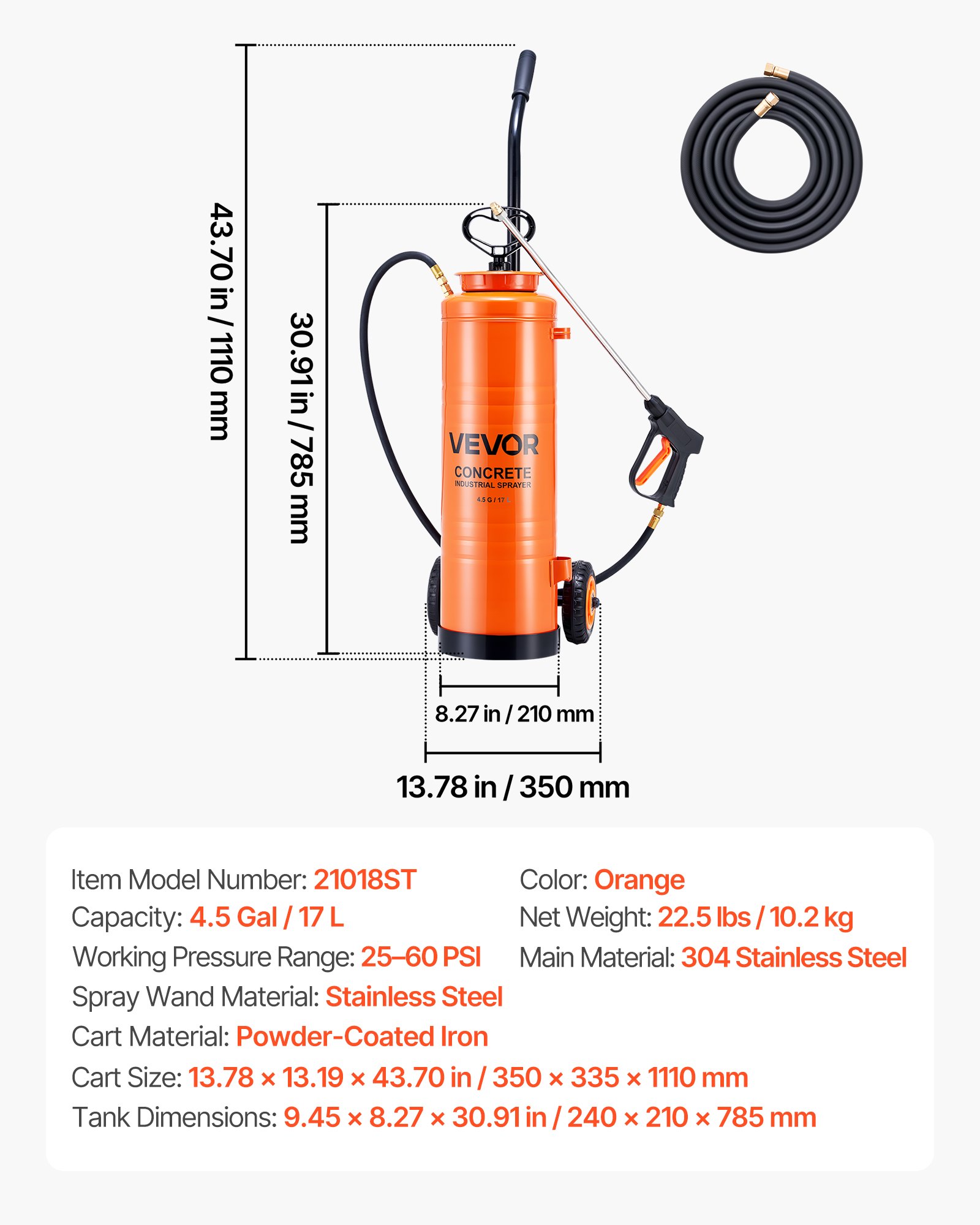 Industrial Sprayer, 4.5 Gallons Large Capacity, Stainless Steel Concrete Sprayer With Ergonomic Handle & Removable Cart, 48" & 120" Hose, Concrete Sealer Sprayers For Form Oils Construction
