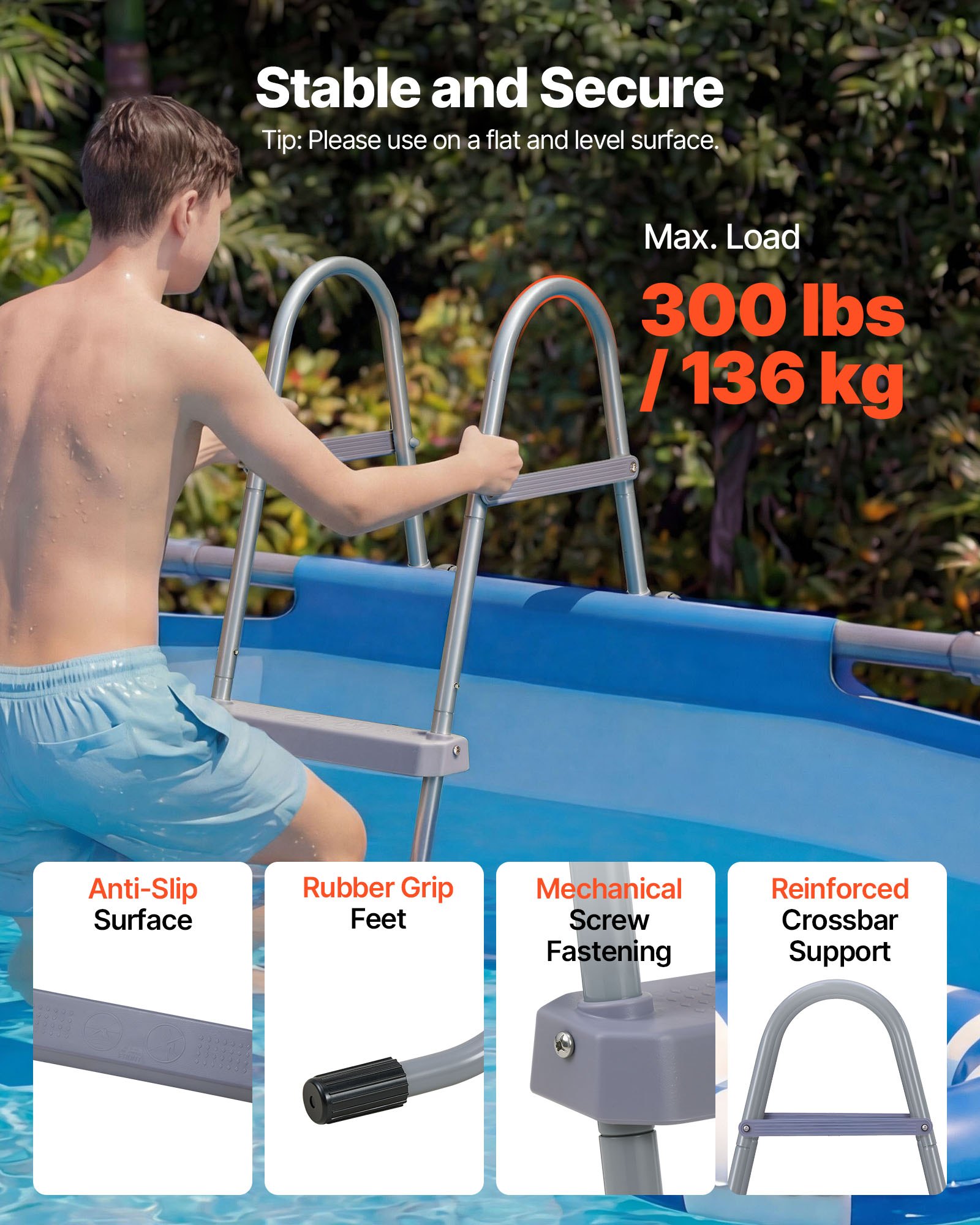 Above Ground Pool Ladder, 4-Step Steel A-Frame Swimming Pool Stairs For 52 In High Wall, 300 Lbs Capacity Entry/Exit Steps With Secure Non-Slip Sturdy Wide Step, Easy Setup Outdoor, Gray