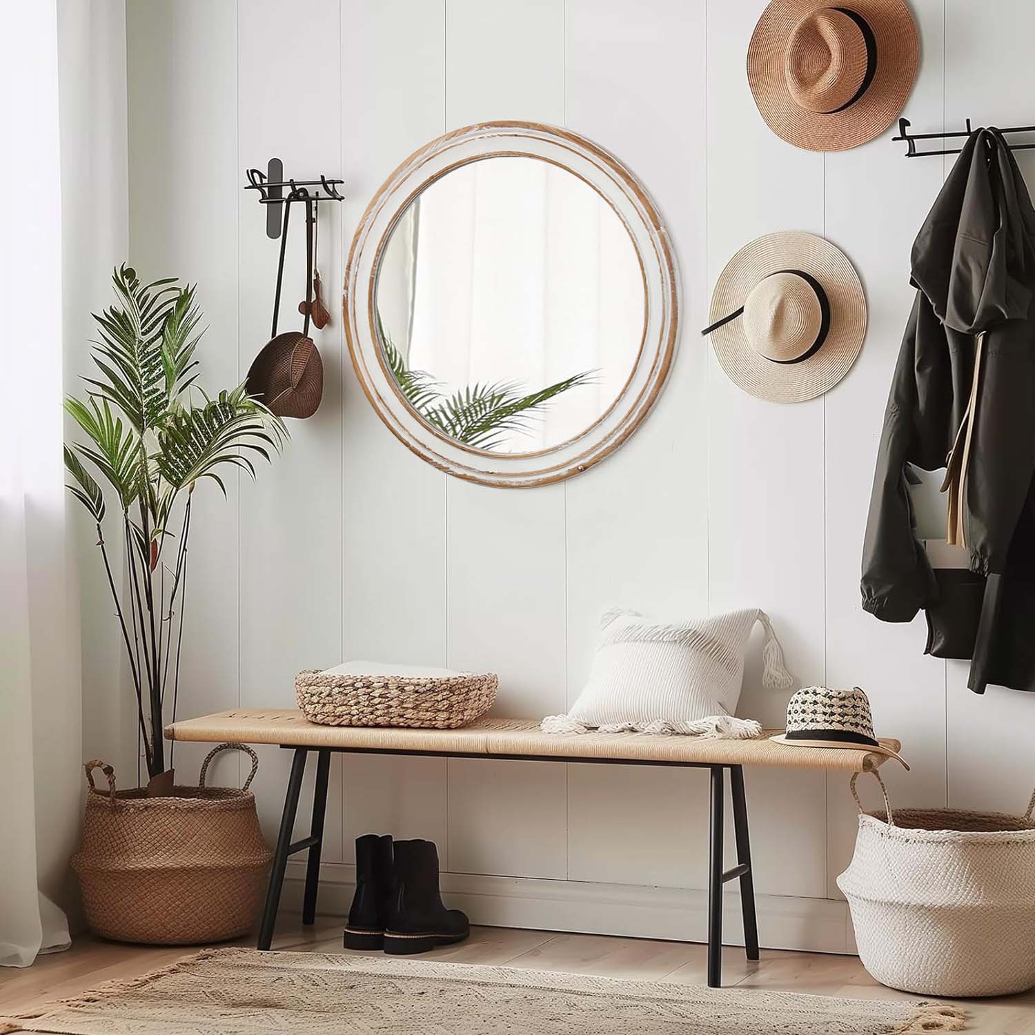23.62 Inches Round Wall Mirror For Bathroom Vanity, Wooden Farmhouse Circle Mirrors For Bedroom, Entryway, Living Room, Kithen Whitewash Edge Decorative Mirror For Home, Office_voghion.com