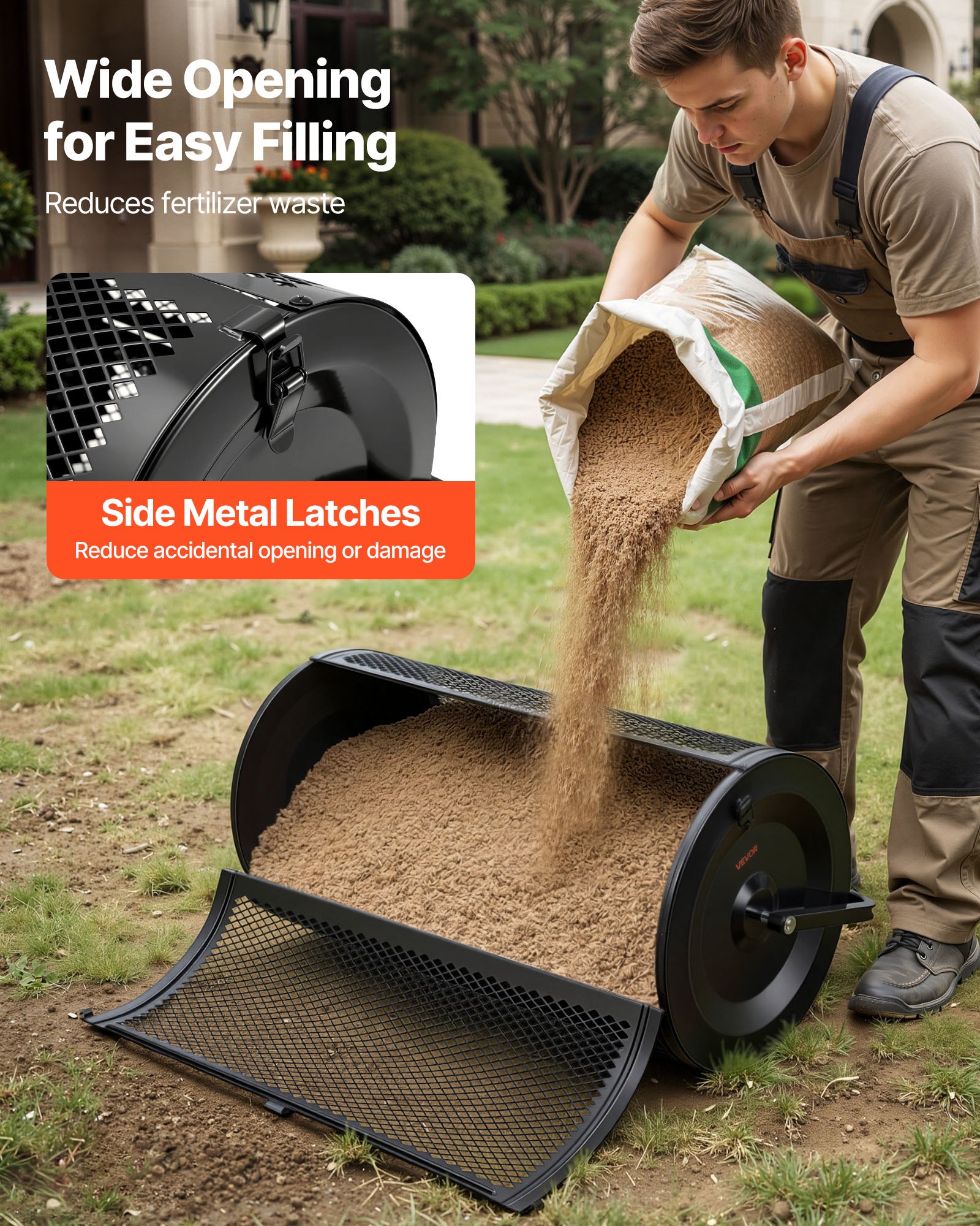 Compost Spreader, 36" Wide Peat Moss Spreader With Push/Tow Handle, 4 Heights Adjustable, Powder-Coated Steel Garden Peat Moss Roller, Heavy Duty Grass Seed Roller For Planting Seeding, Black