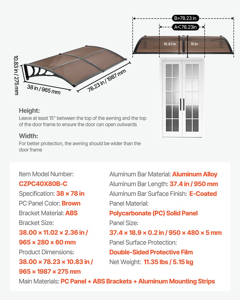 Awnings For Door Entrance, 38 X 78 In, Exterior Front Door Window Awnings With Drainage & Metal Bracket, Rain Snow Sun Protection, Overhang Polycarbonate Door Canopy For Porch Patio, Brown