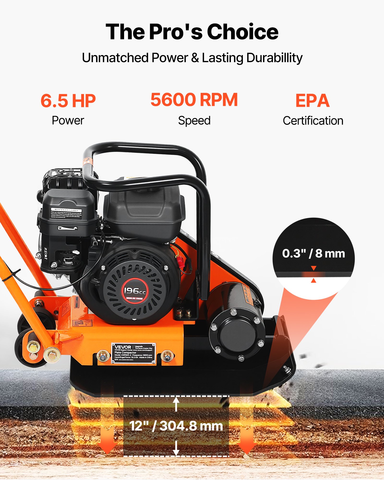 Plate Compactor, 6.5 HP 196CC Gas Engine, 5600 VPM Vibrating Ground Rammer, 2360 Lbs Compaction Force, 20.1 X 15 In Plate, Walk Behind Compactor For Paver Landscaping, Asphalt, Foundation, Soil