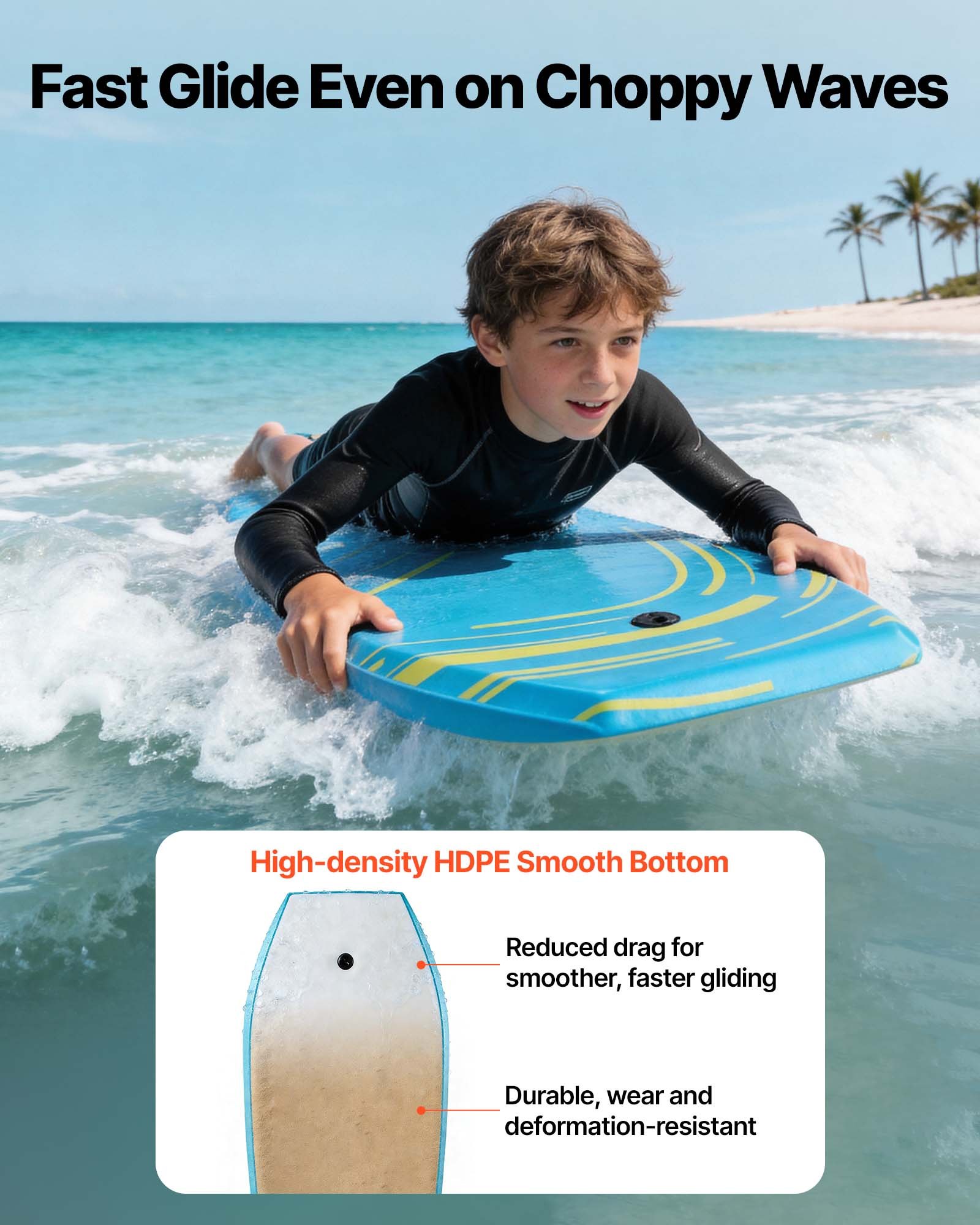 42-Inch Bodyboard, Body Board Trainer With EPS Foam Core & Wrist Leash, UV-Resistant Beach Bodyboard For Beginners, Youth Up To 180 Lbs