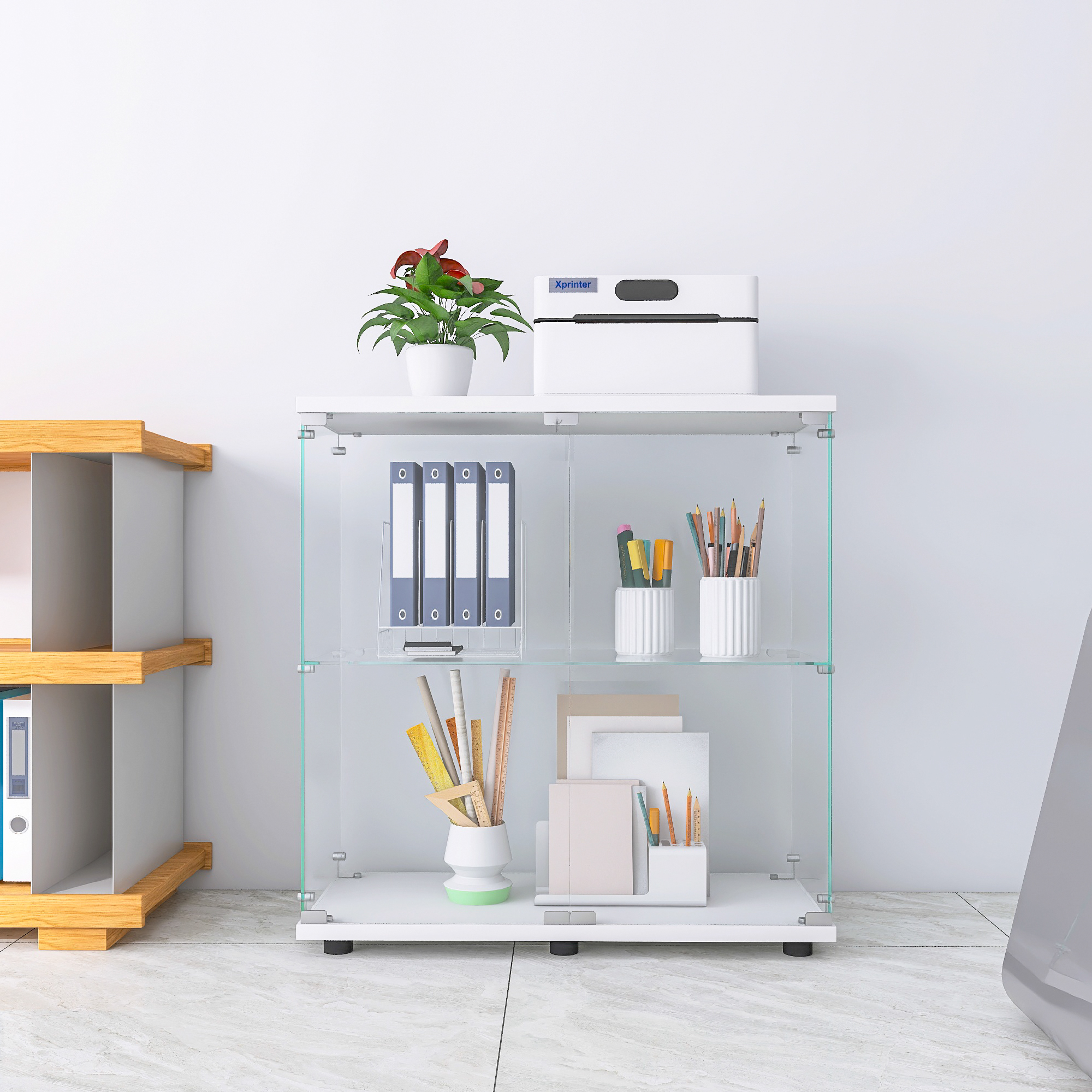 Two-door Glass Display Cabinet 2 Shelves With Door, Floor Standing Curio Bookshelf For Living Room Bedroom Office, 33.35x31.69 X14.37 ,White_voghion.com