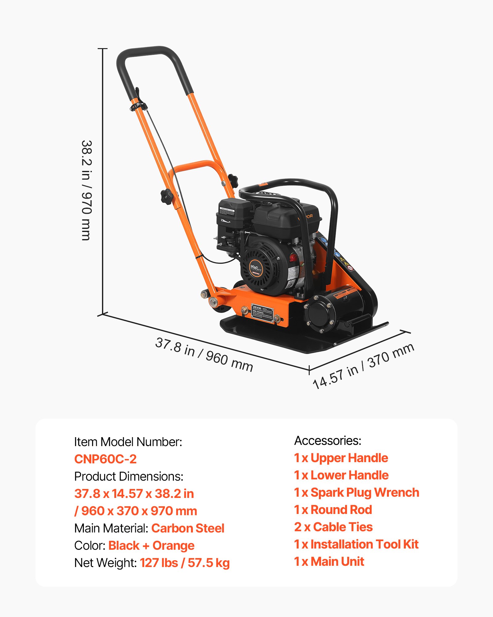 Plate Compactor, 6.5 HP 196CC Gas Engine, 5600 VPM Vibrating Ground Rammer, 2360 Lbs Compaction Force, 20.1 X 15 In Plate, Walk Behind Compactor For Paver Landscaping, Asphalt, Foundation, Soil