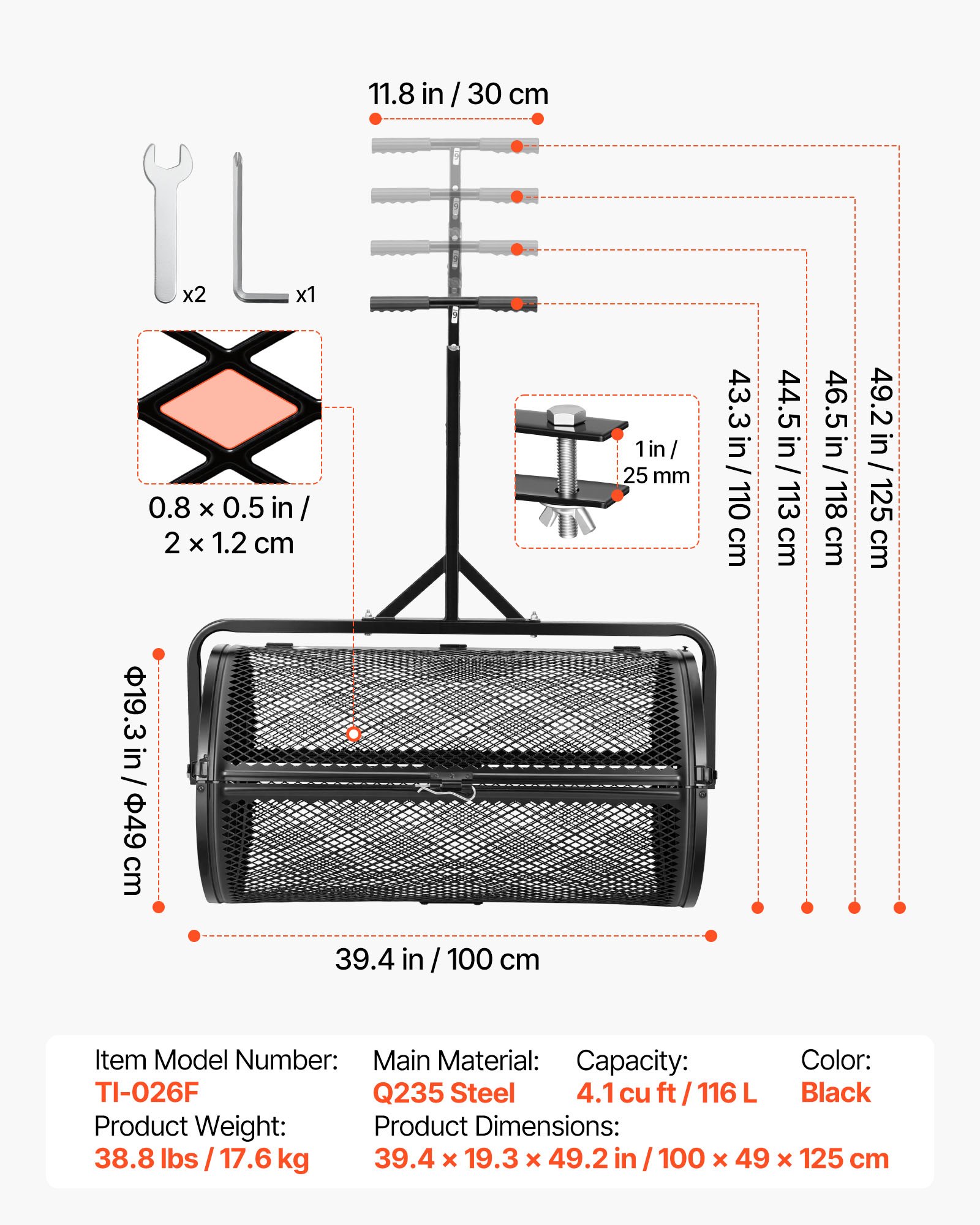 Compost Spreader, 36" Wide Peat Moss Spreader With Push/Tow Handle, 4 Heights Adjustable, Powder-Coated Steel Garden Peat Moss Roller, Heavy Duty Grass Seed Roller For Planting Seeding, Black