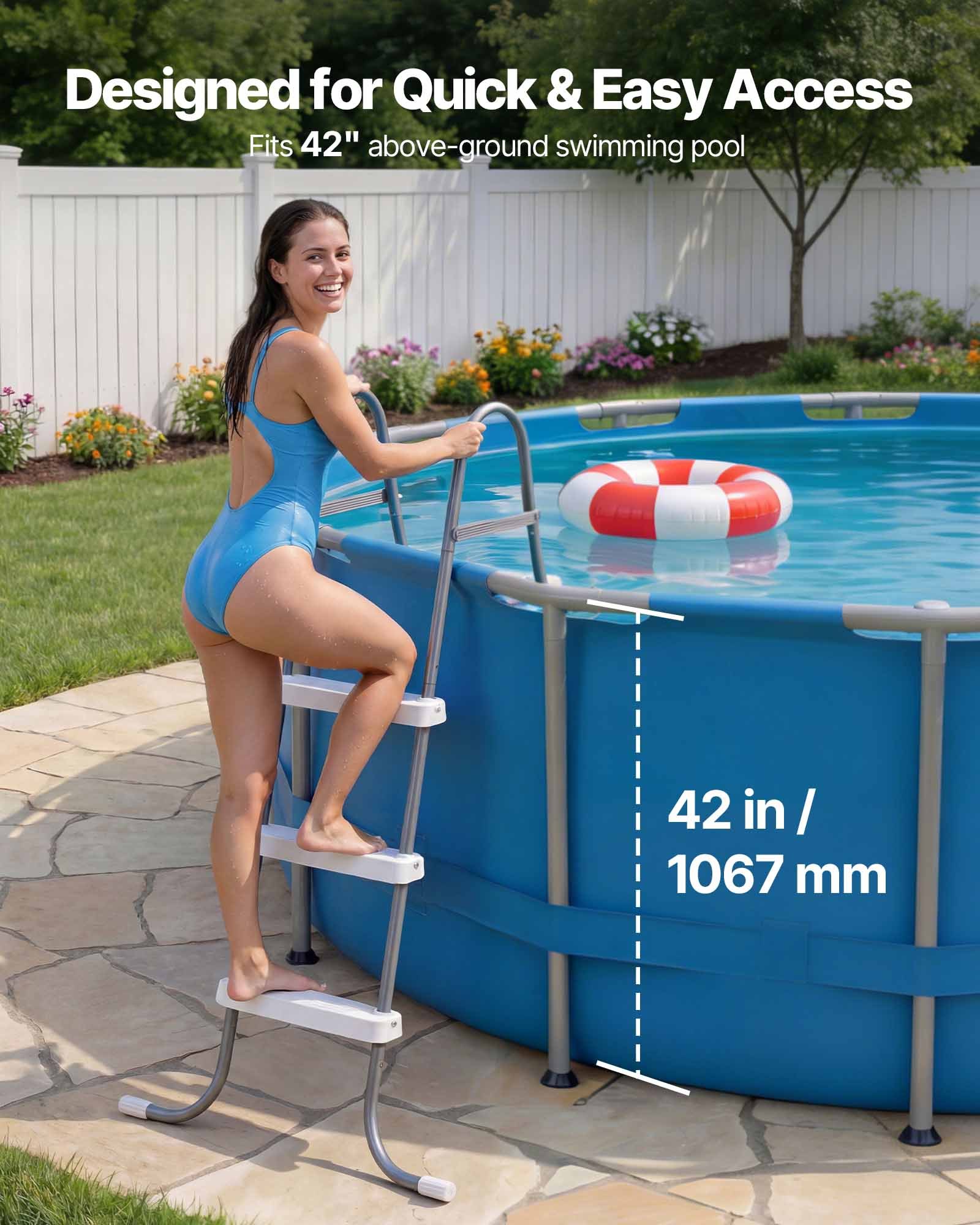 Above Ground Pool Ladder, 3-Step Steel A-Frame Swimming Pool Stairs For 42 In High Wall, 300 Lbs Capacity Entry/Exit Steps With Secure Non-Slip Sturdy Wide Step, Easy Setup, Gray & White