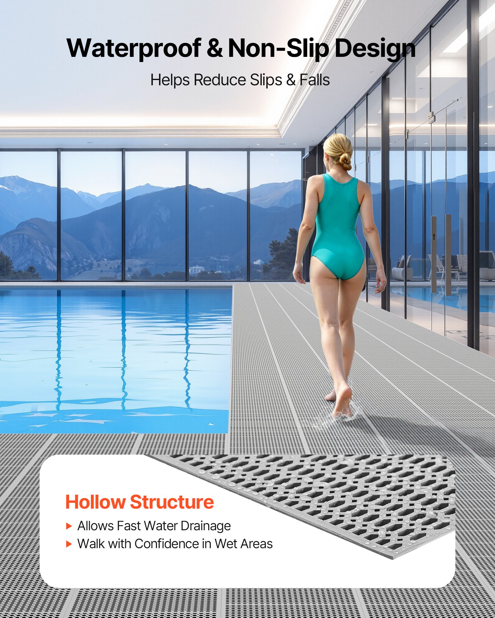 Drainage Mat, 3 X 50 Ft, PVC Non Slip Commercial Floor Mat, Wet Area Water Drain Splash Matting Hollow Doormat Roll, For Outdoor Indoor Restaurant Swimming Pool Patio Bathroom Washroom, Gray