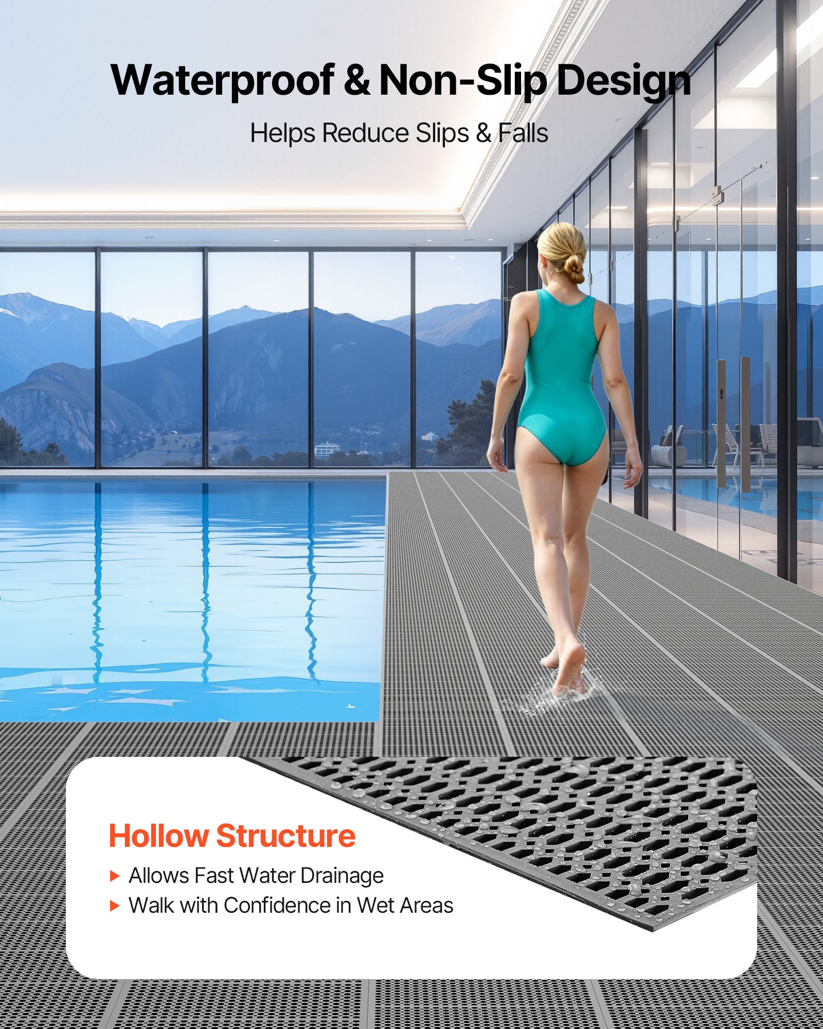 Drainage Mat, 3 X 50 Ft, PVC Non Slip Commercial Floor Mat, Wet Area Water Drain Splash Matting Hollow Doormat Roll, For Outdoor Indoor Restaurant Swimming Pool Patio Bathroom Washroom, Black