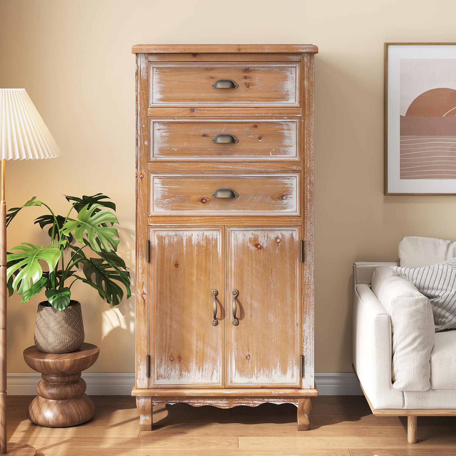 Rustic Wooden Storage Cabinet With Decorative Cutout Door & 3 Drawers, Tall Narrow Organizer For Living Room, Bedroom Natural Wood_voghion.com
