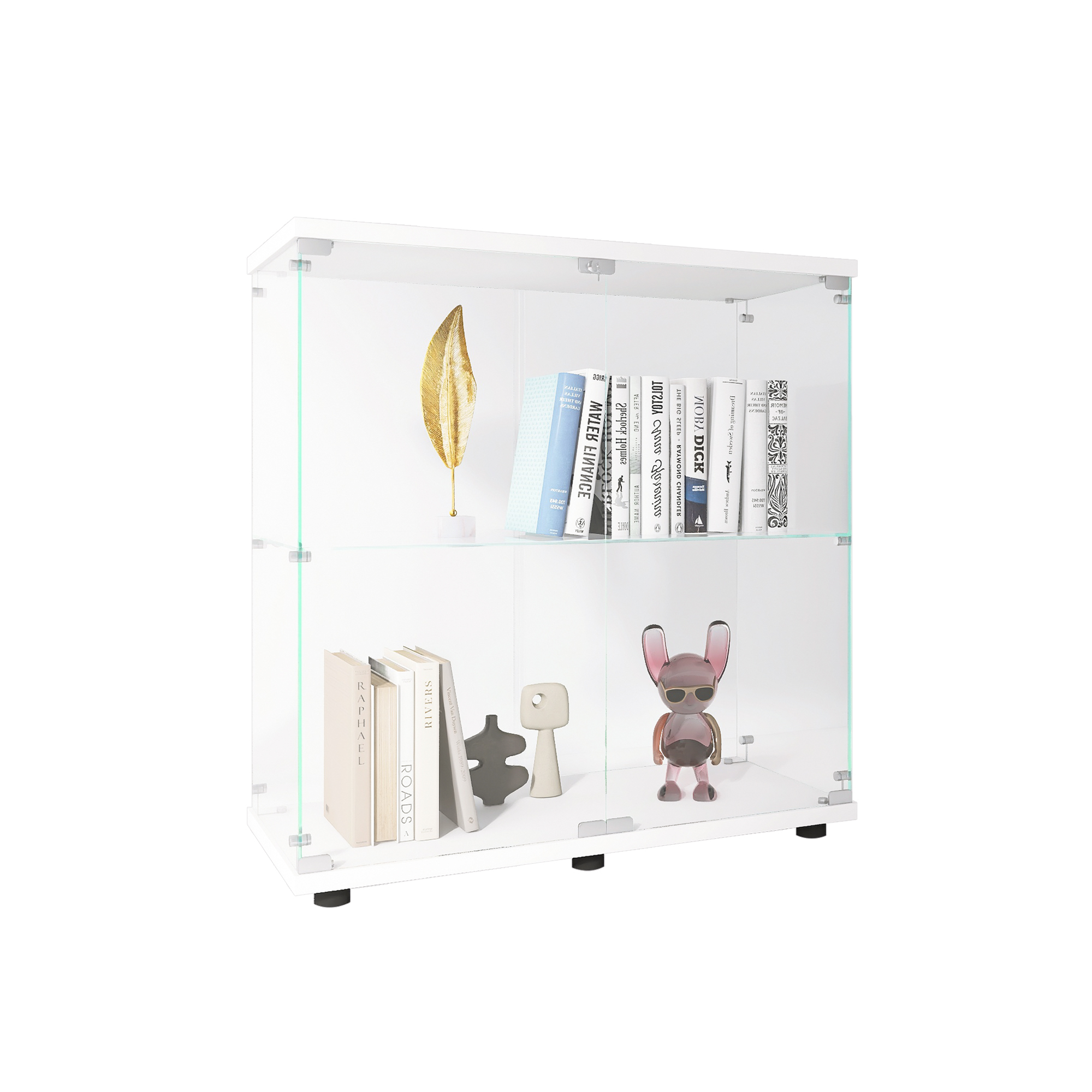 White Two Door Glass Display Cabinet Floor Standing Curio Shelves_voghion.com
