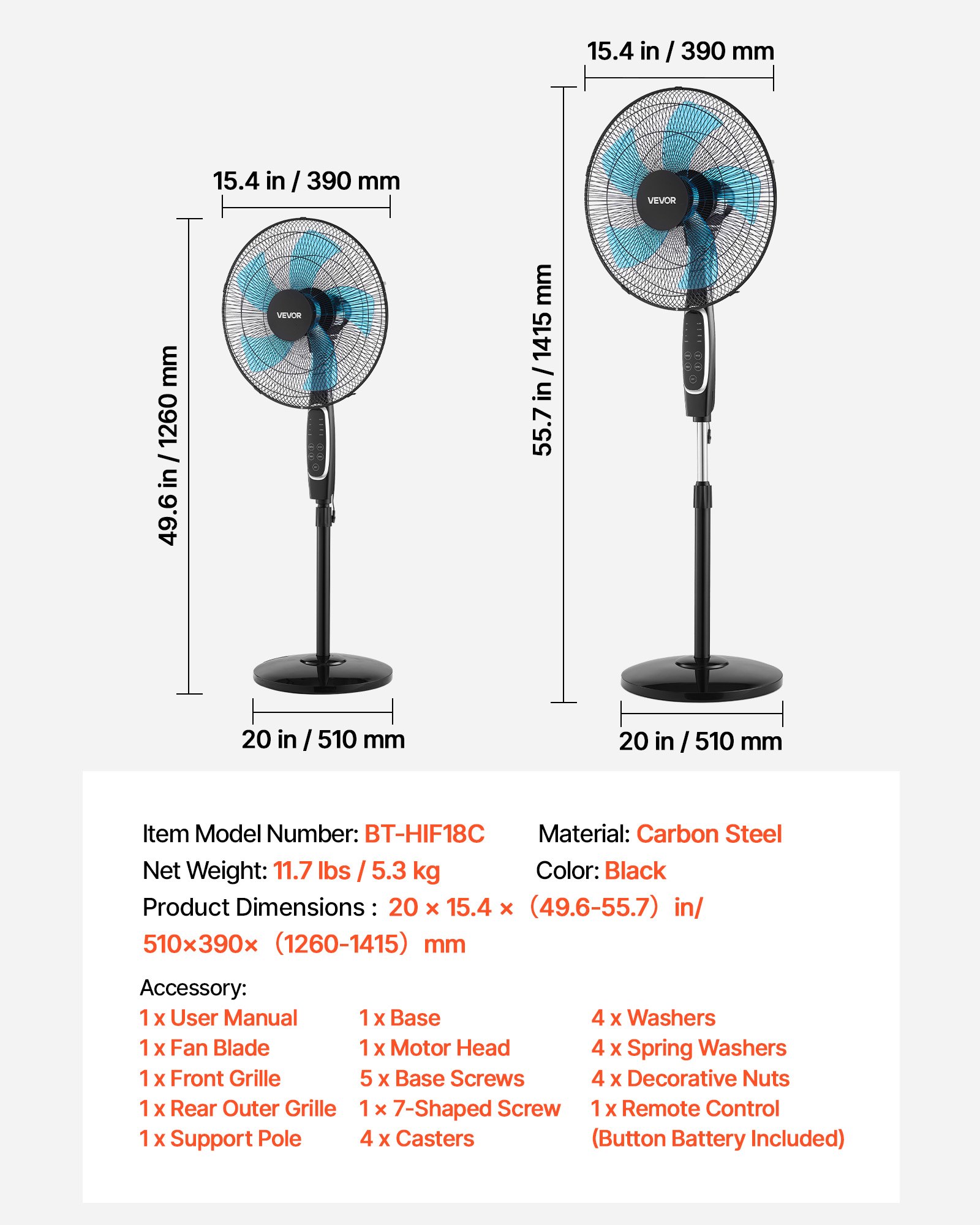 18-Inch Pedestal Fan, 2700 CFM Standing Floor Fan With Remote Control, 9 Speeds & 3 Modes, Oscillating Adjustable Height, Quiet DC Motor 5-Blade For Home, Bedroom, Garage, Workshop, Black