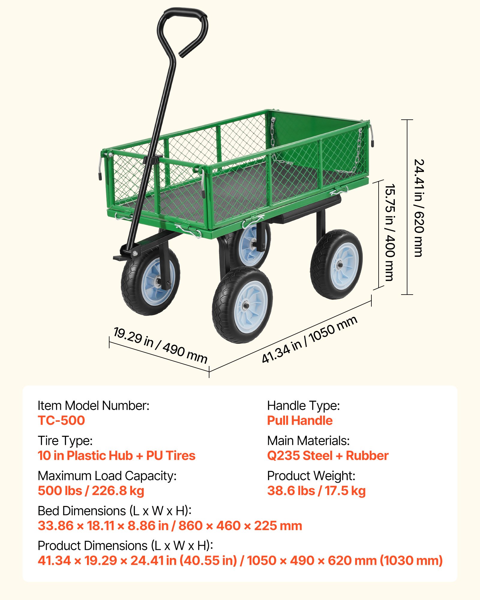 Garden Cart With Seat, 500 LBS, Rolling Steel Garden Work Seat With Wheels, Heavy Duty Gardening Stool, With Tool Tray & Adjustable Handle, Outdoor Yard Wagon, For Lawn, Patio, Backyard, Green