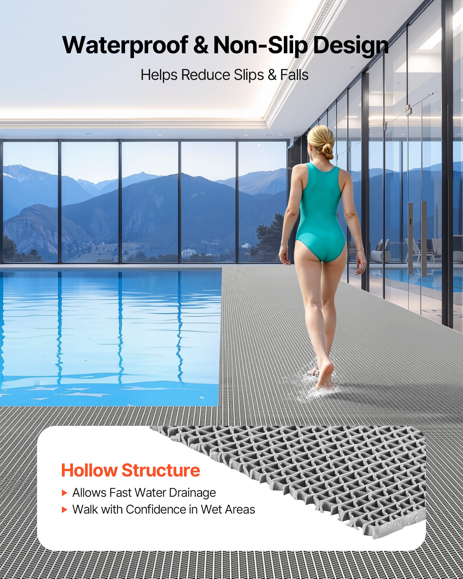 Drainage Mat, 3 X 16.4 Ft, PVC Non Slip Commercial Floor Mat, Wet Area Water Drain Splash Matting Hollow Doormat Roll, For Outdoor Indoor Restaurant Swimming Pool Patio Bathroom Washroom, Gray