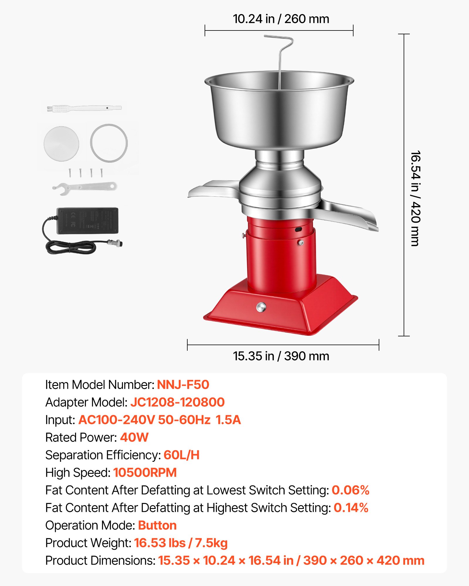 Electric Milk Cream Separator, 60L/H Output 10500RPM Milk Cream Centrifugal Separator, 304 Stainless Steel Goat Cow Milk Skimmer Separating Machine With 4.5L Bowl Capacity (40W, 100-240V)
