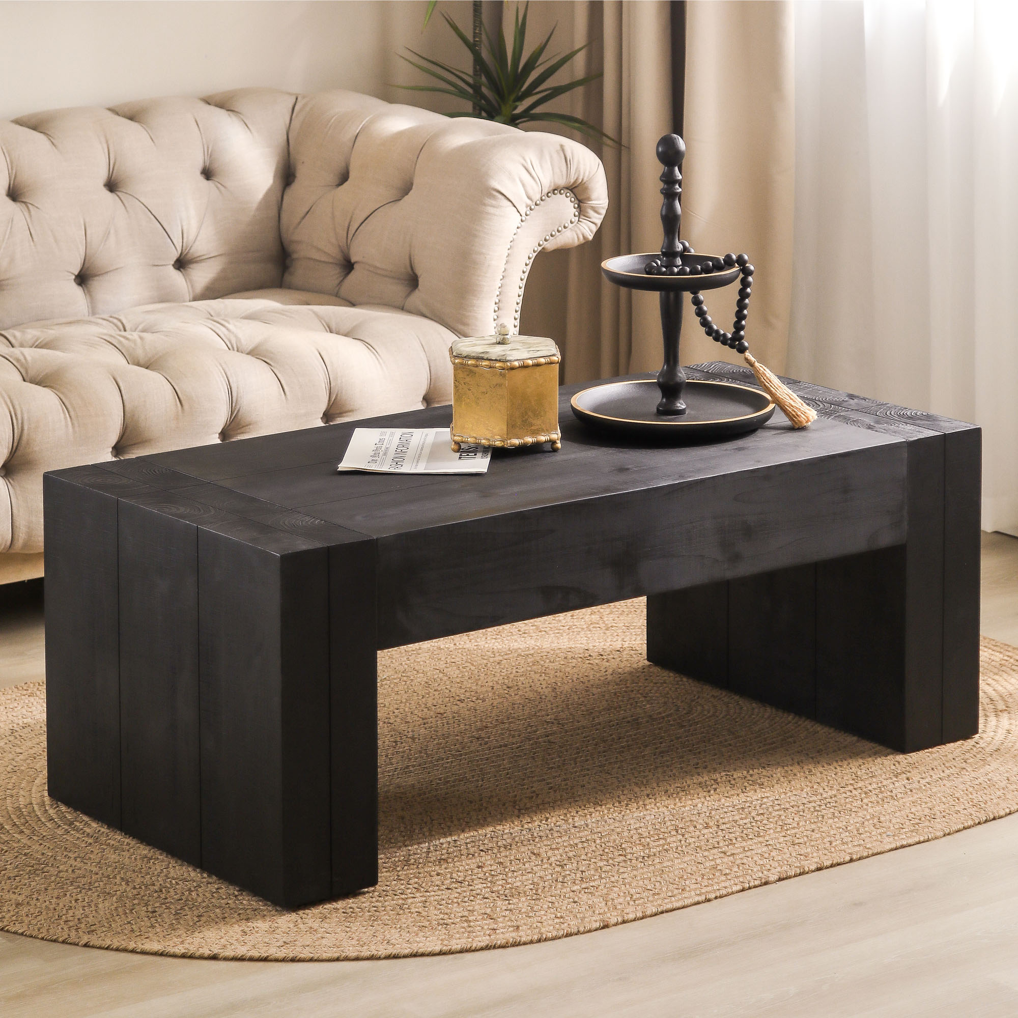 Modern Black Solid Wood Coffee Table, 49in Rectangular Coffee Table For Living R