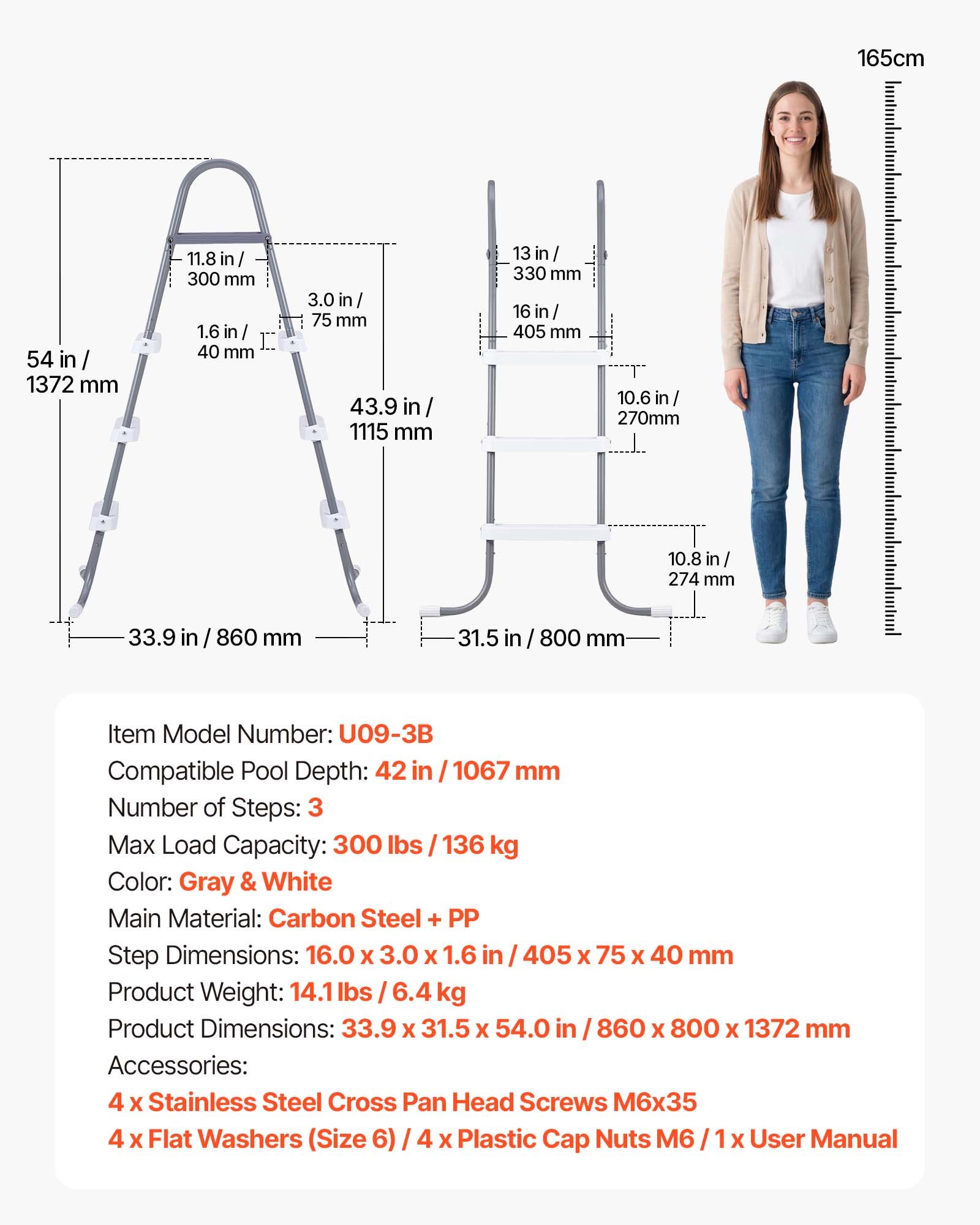 Above Ground Pool Ladder, 3-Step Steel A-Frame Swimming Pool Stairs For 42 In High Wall, 300 Lbs Capacity Entry/Exit Steps With Secure Non-Slip Sturdy Wide Step, Easy Setup, Gray & White