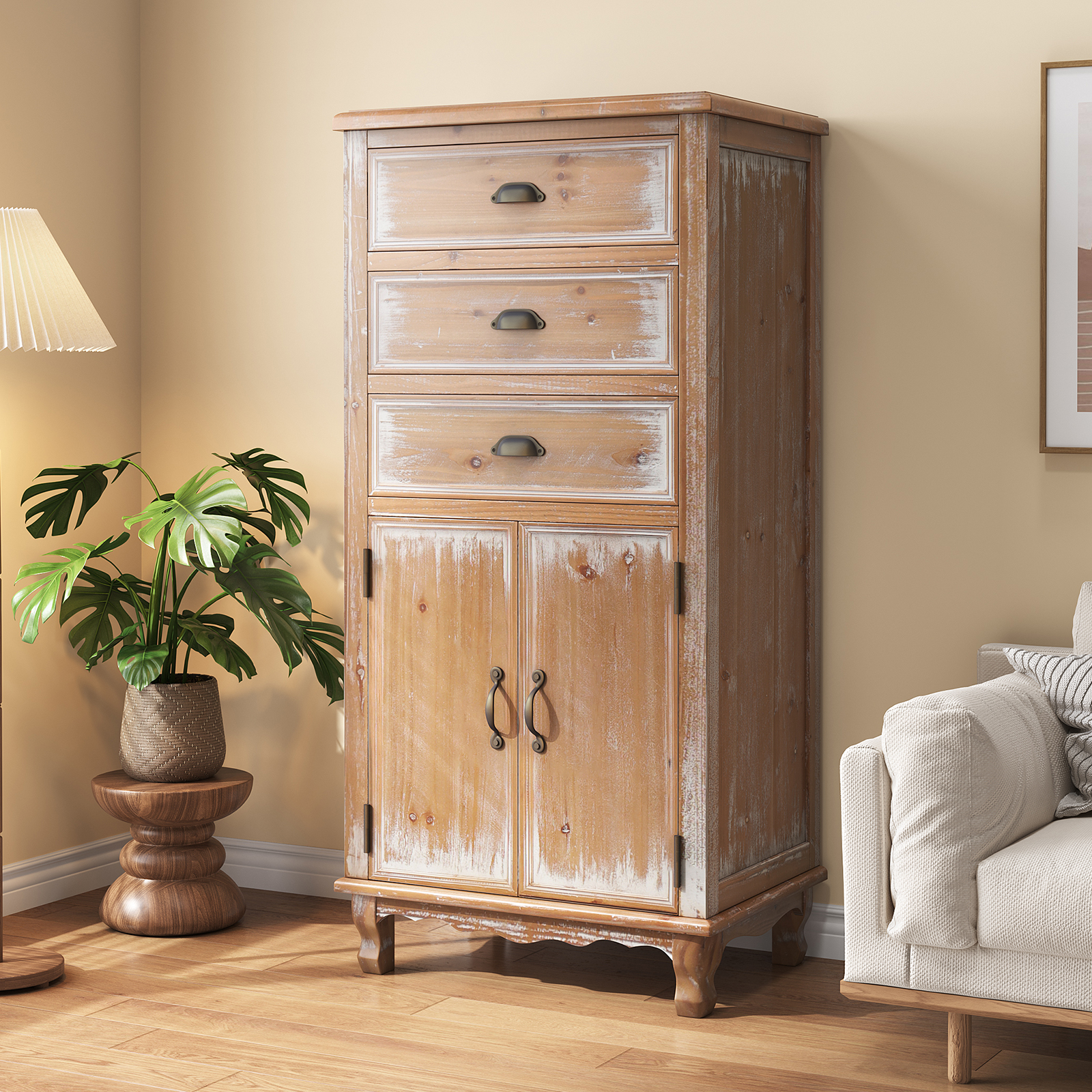 Rustic Wooden Storage Cabinet With Decorative Cutout Door & 3 Drawers, Tall Narrow Organizer For Living Room, Bedroom Natural Wood_voghion.com