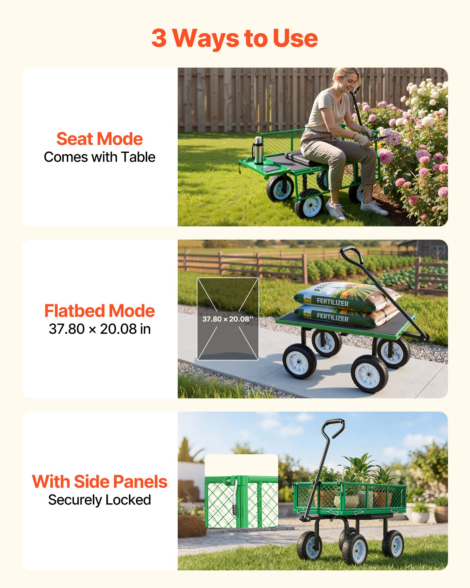 Garden Cart With Seat, 500 LBS, Rolling Steel Garden Work Seat With Wheels, Heavy Duty Gardening Stool, With Tool Tray & Adjustable Handle, Outdoor Yard Wagon, For Lawn, Patio, Backyard, Green