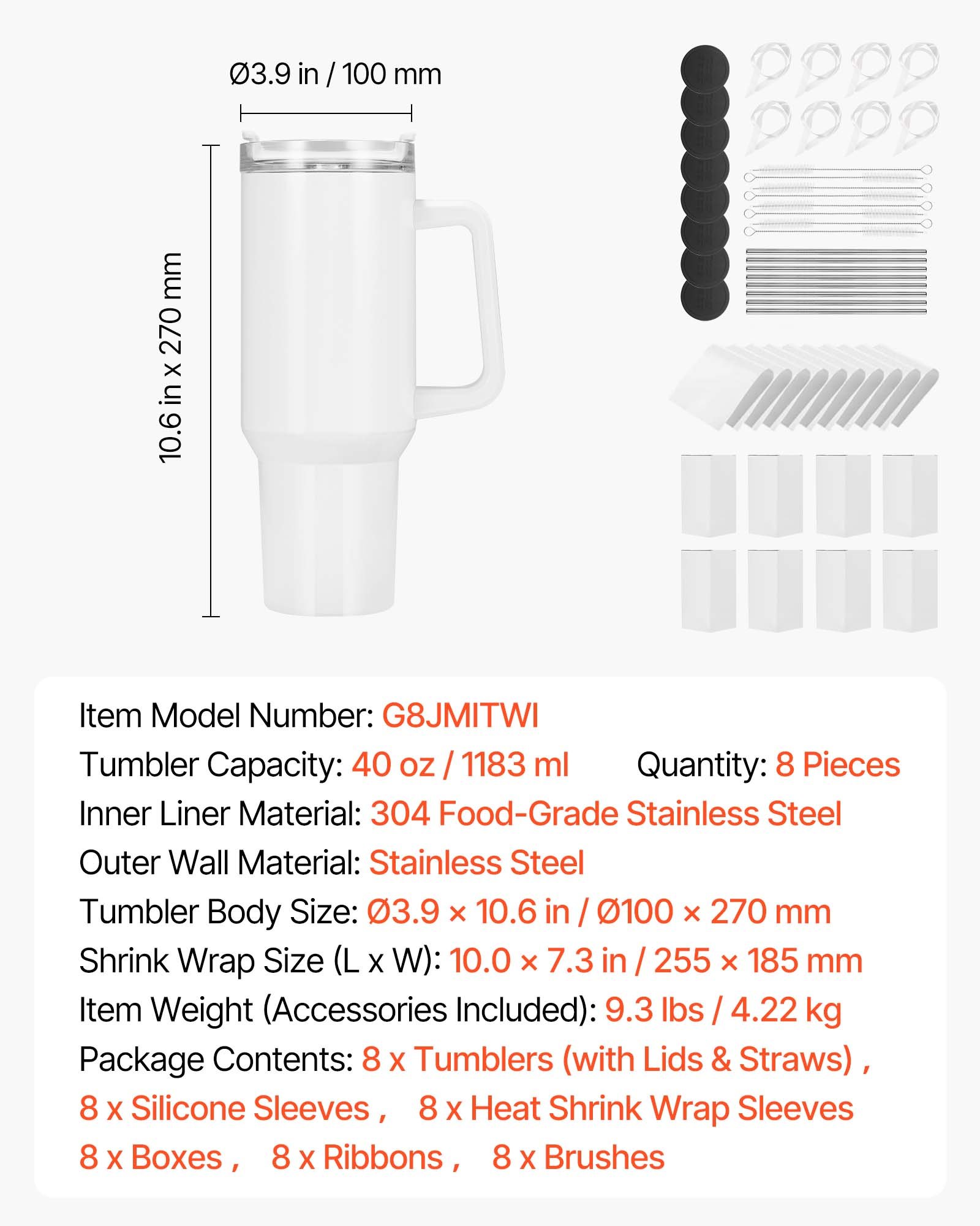 Sublimation Tumblers, 8 Pack, 40 Oz Tumblers Bulk With Handle, Stainless Steel S