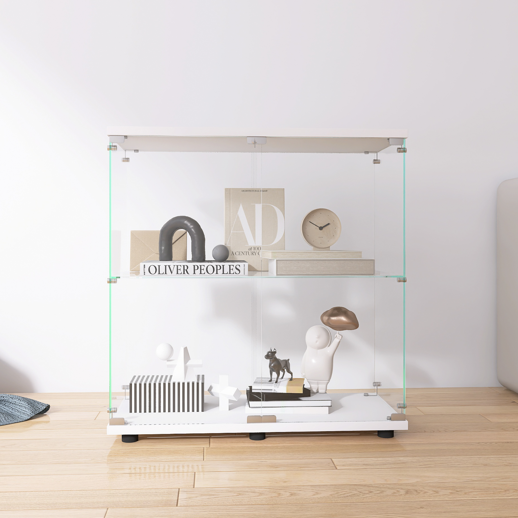 Two-door Glass Display Cabinet 2 Shelves With Door, Floor Standing Curio Bookshelf For Living Room Bedroom Office, 33.35x31.69 X14.37 ,White_voghion.com