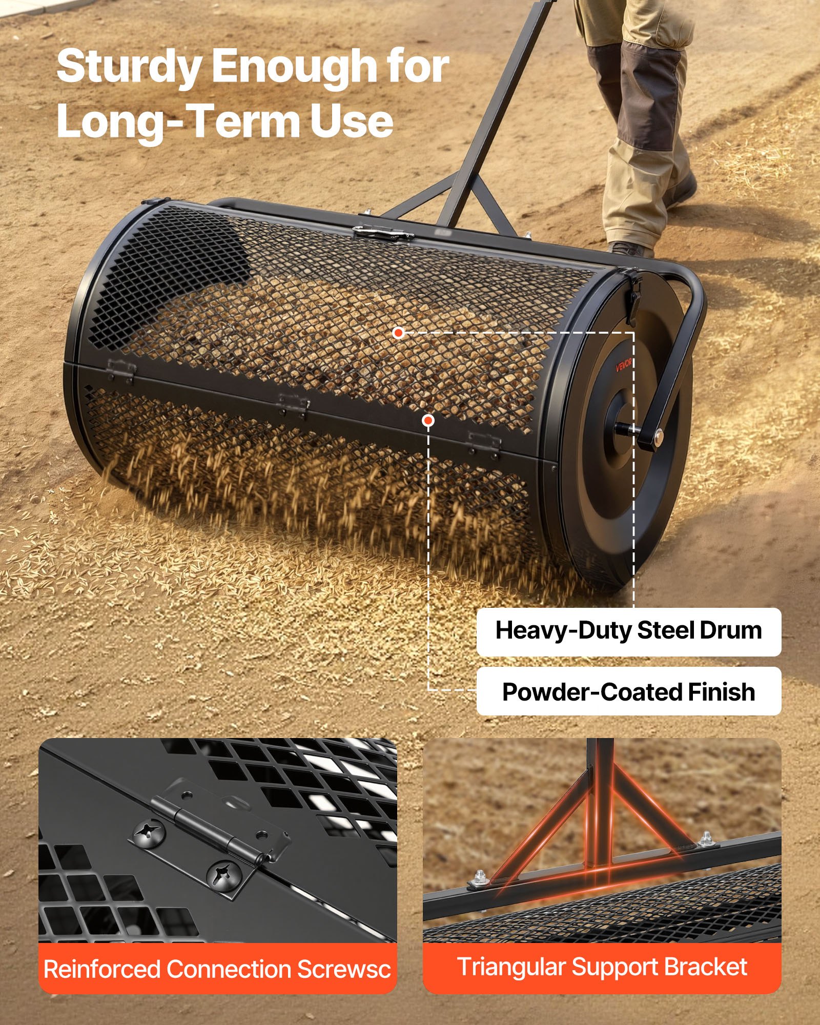 Compost Spreader, 36" Wide Peat Moss Spreader With Push/Tow Handle, 4 Heights Adjustable, Powder-Coated Steel Garden Peat Moss Roller, Heavy Duty Grass Seed Roller For Planting Seeding, Black