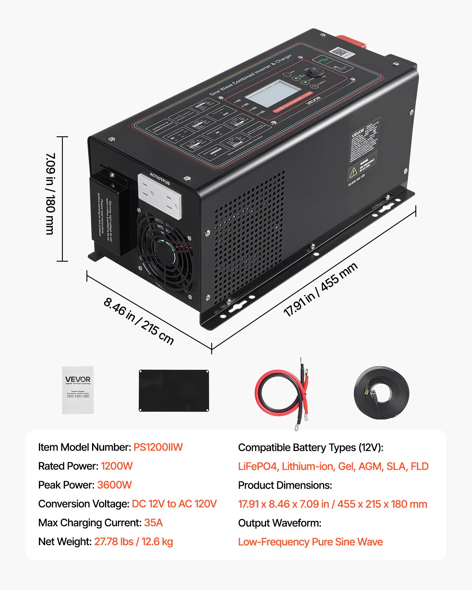 Pure Sine Wave Inverter Charger, 1200W, DC 12V To AC 120V Power Inverter With LCD Display, Remote Control, Low Frequency, For RV Camper Home, Compatible With 12V LiFePO4 Lithium Batteries