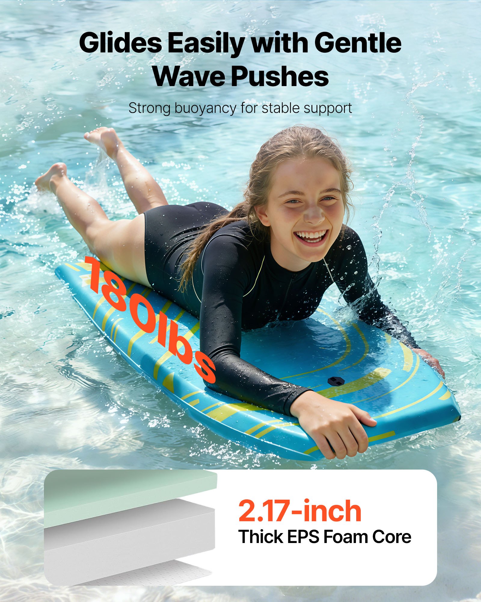 42-Inch Bodyboard, Body Board Trainer With EPS Foam Core & Wrist Leash, UV-Resistant Beach Bodyboard For Beginners, Youth Up To 180 Lbs