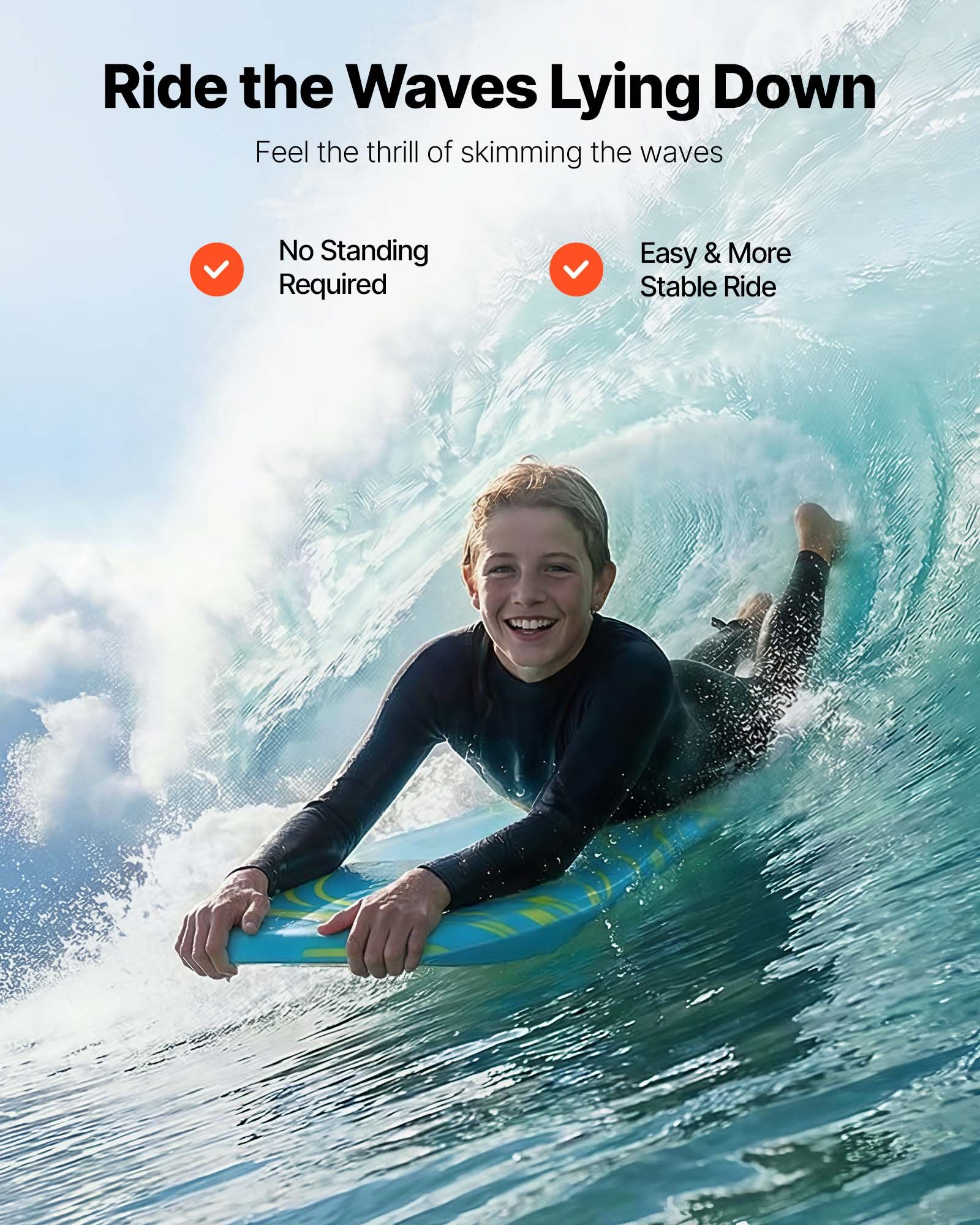 42-Inch Bodyboard, Body Board Trainer With EPS Foam Core & Wrist Leash, UV-Resistant Beach Bodyboard For Beginners, Youth Up To 180 Lbs