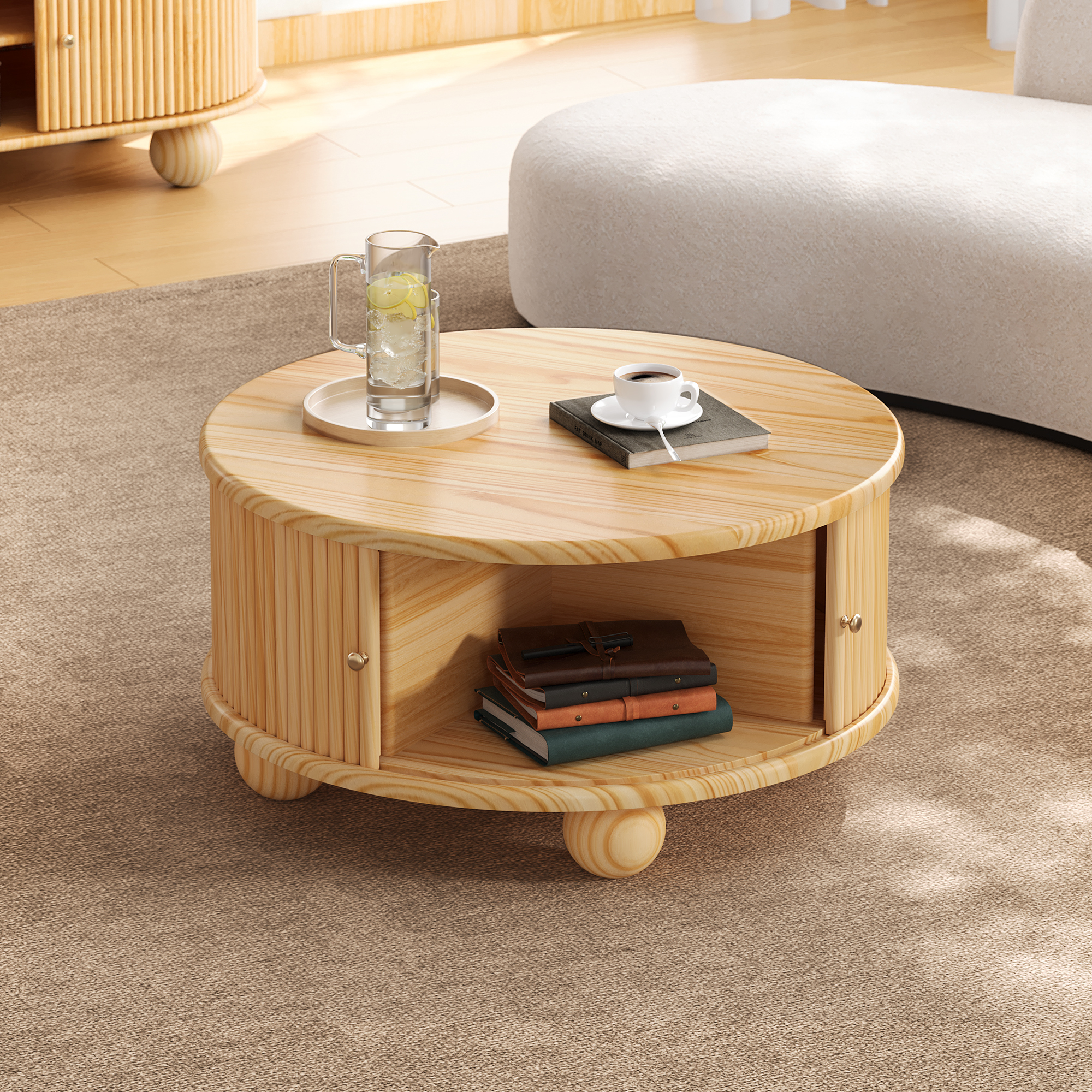 Round Fluted Coffee Table With Storage, Pine Solid Wood, Sliding Door, Natural, 31.8