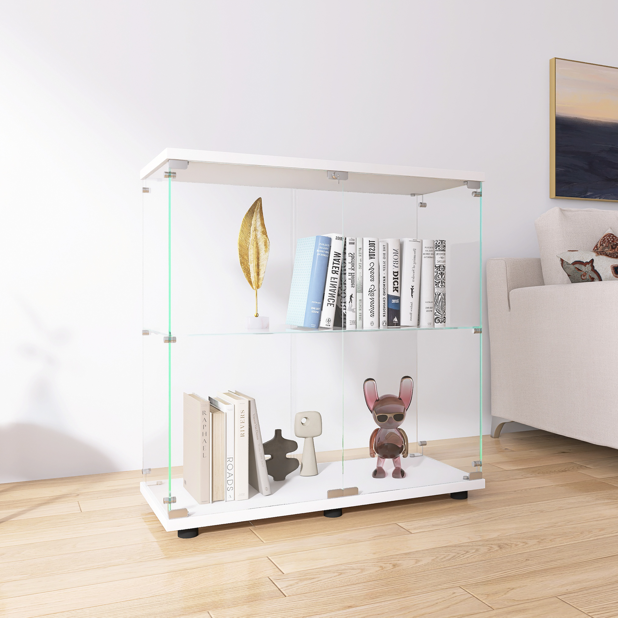 Two-door Glass Display Cabinet 2 Shelves With Door, Floor Standing Curio Bookshelf For Living Room Bedroom Office, 33.35x31.69 X14.37 ,White_voghion.com