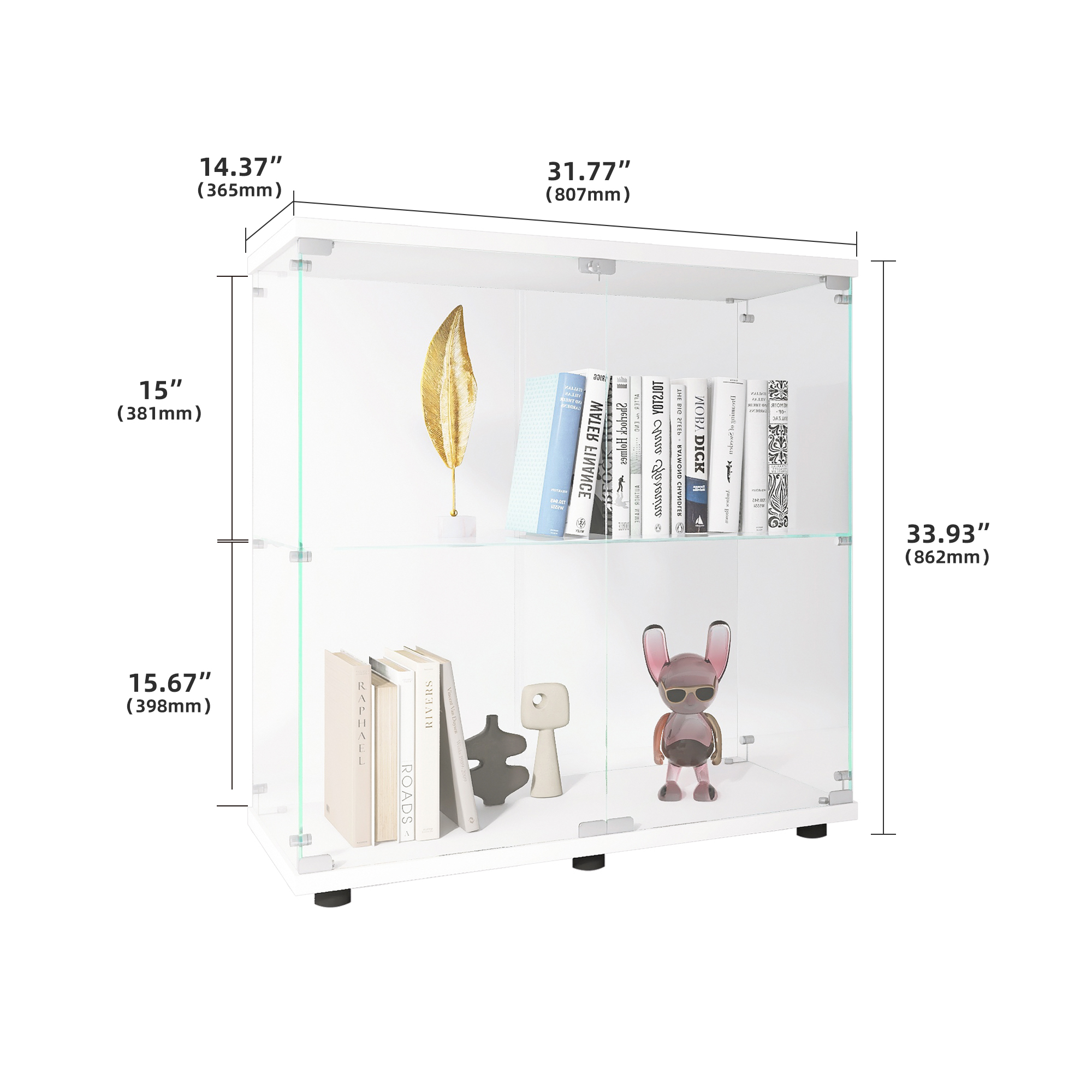Two-door Glass Display Cabinet 2 Shelves With Door, Floor Standing Curio Bookshelf For Living Room Bedroom Office, 33.35x31.69 X14.37 ,White_voghion.com