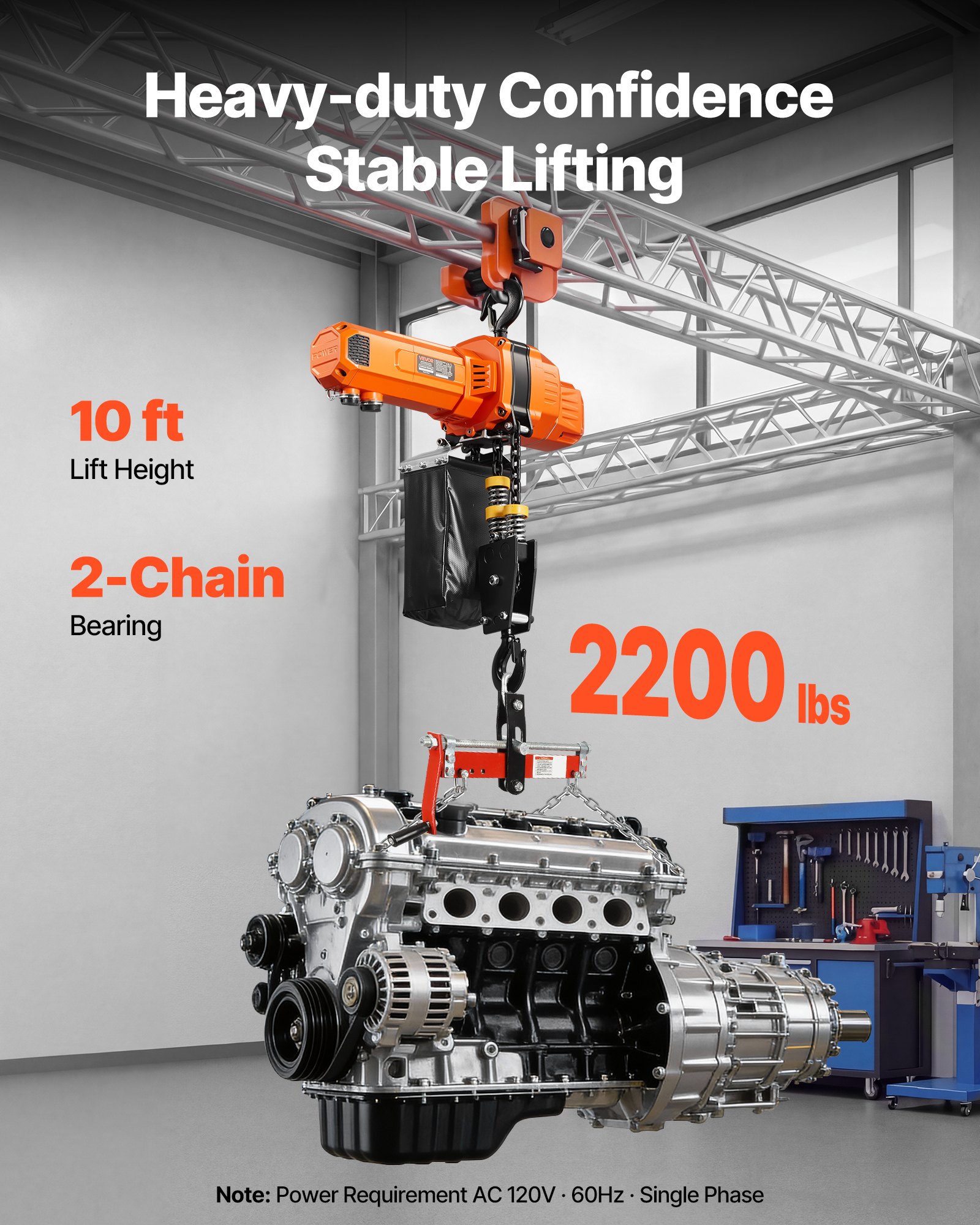 2200 Lbs Electric Chain Hoist, 10 Ft Lifting Height, 120V Single Phase Overhead Crane With 328 Ft Wireless & 8 Ft Wired Remote Control, Power Electric Hoist For Factories, Warehouses, Garages