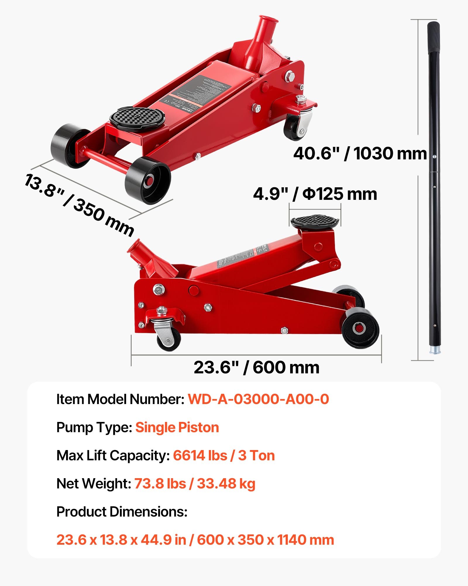 Low Profile Floor Jack, 3 Ton (6614 Lbs) Capacity, Steel Racing Floor Jack With Single Piston Quick Lift Pump, Hydraulic Trolley Car Lift For Sports Cars, SUVs, Pickups, Lifting Range 5.1"-19.7"