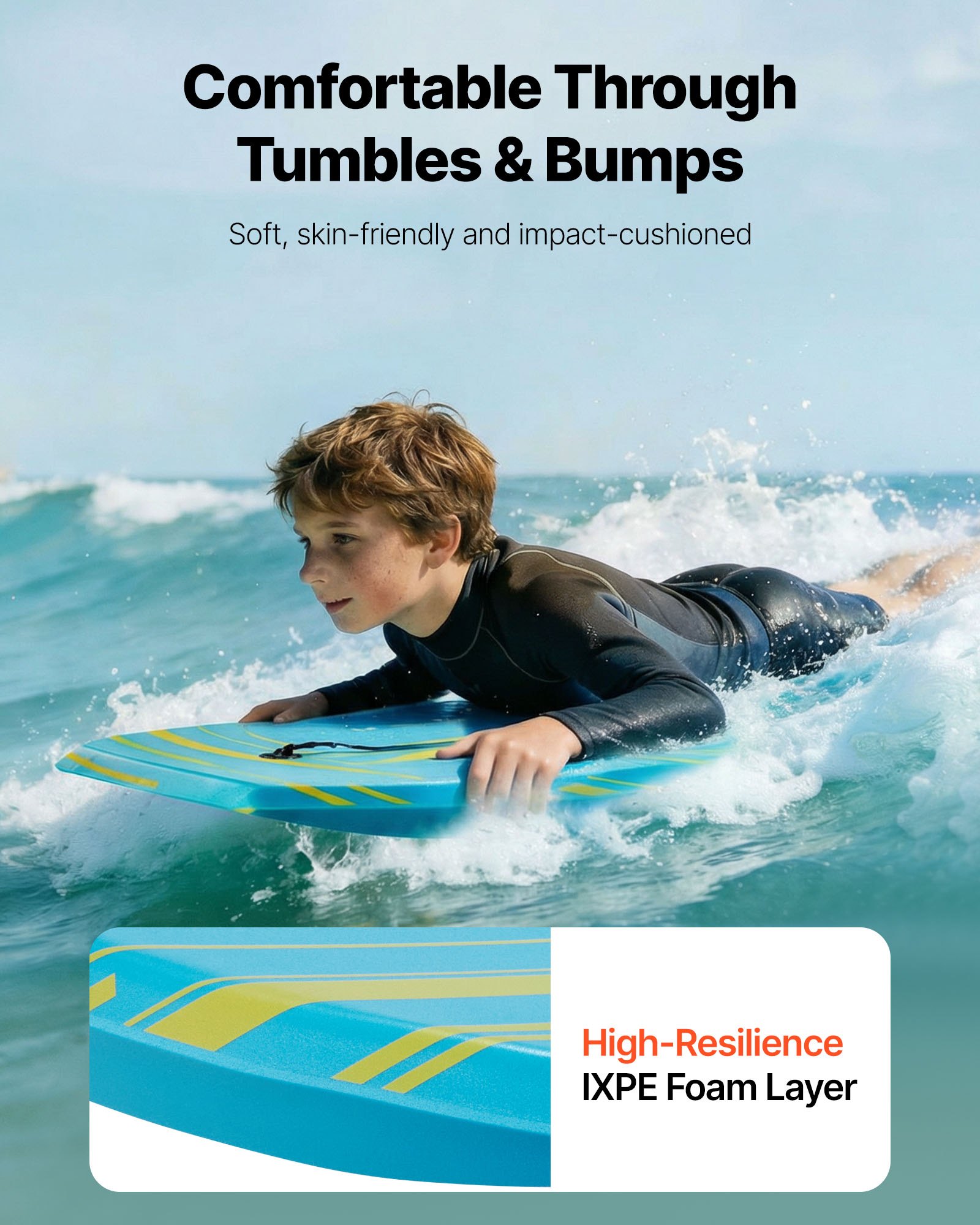 42-Inch Bodyboard, Body Board Trainer With EPS Foam Core & Wrist Leash, UV-Resistant Beach Bodyboard For Beginners, Youth Up To 180 Lbs