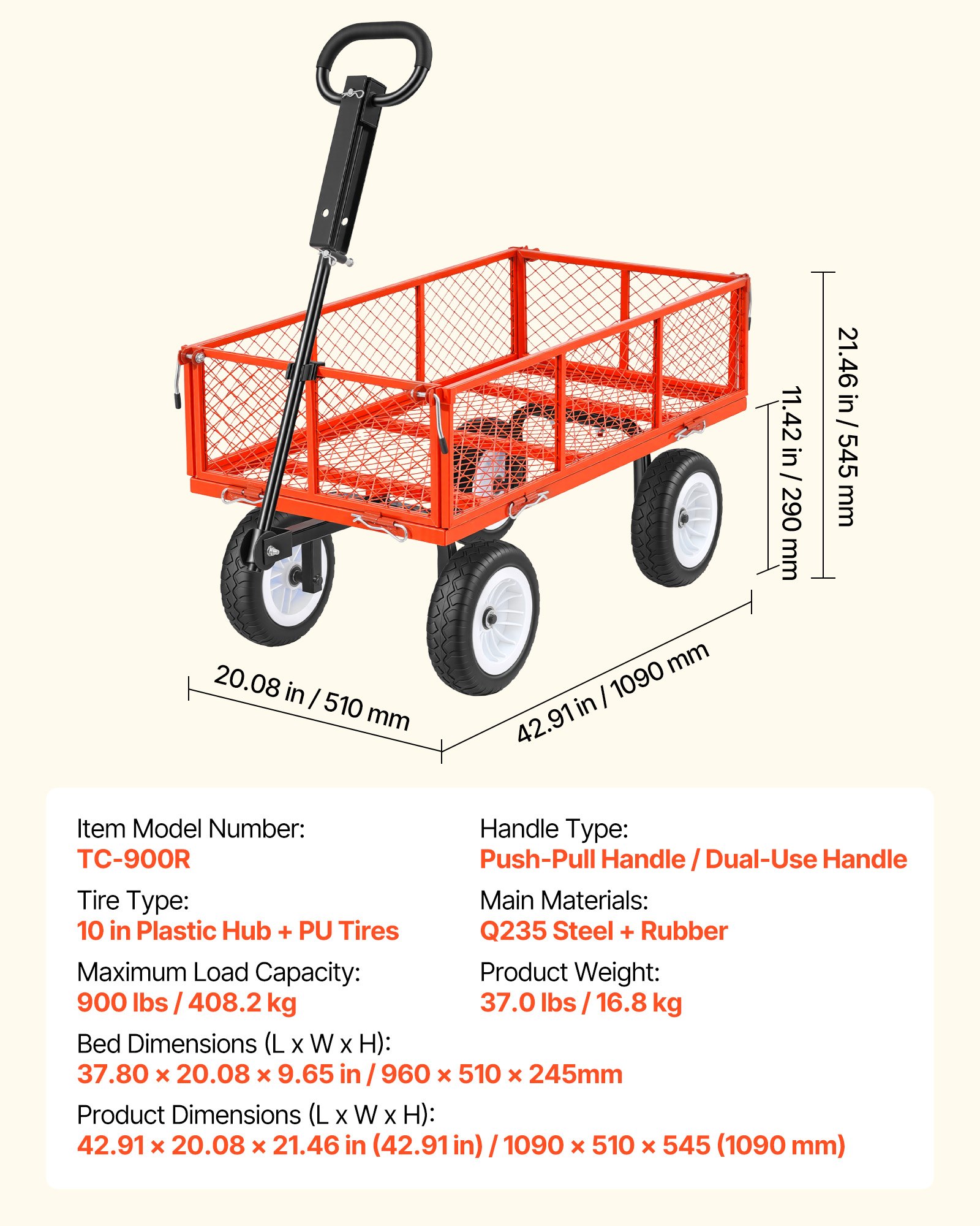 Garden Cart, 900 LBS, Heavy Duty Steel Yard And Garden Utility Wagon With 10-Inch Tires, Outdoor Gardening Stool With Adjustable Handle, Detachable Side Panels, Attach To ATV Or Tractor, Red