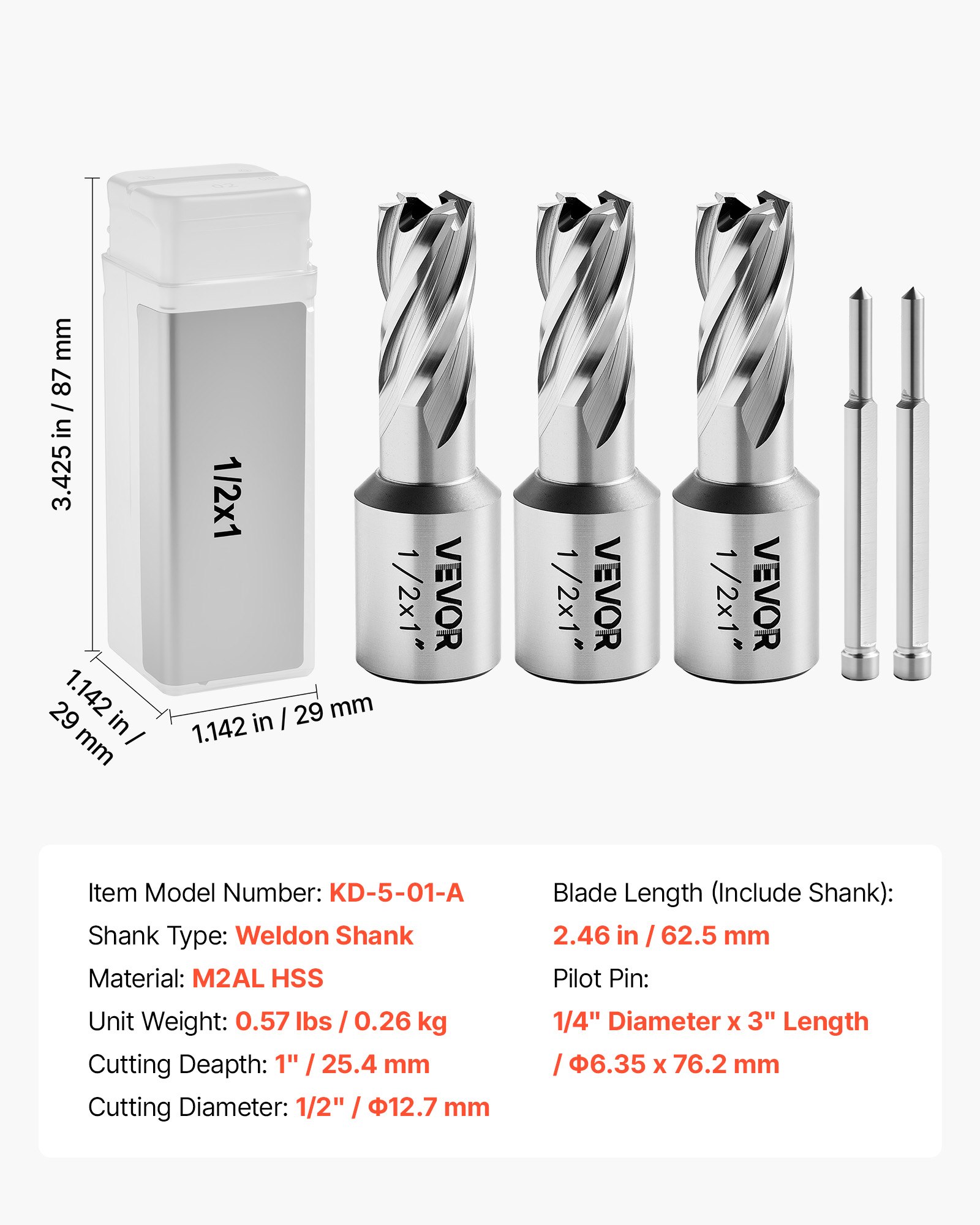 Annular Cutter Set, 5 Pcs Weldon Shank Mag Drill Bits Kit, 1" Cutting Depth, 1/2" Cutting Diameter, HSS, 3 Drill Bits With 2 Pilot Pins And 3 Plastic Cases, For Magnetic Drills, Steel, Aluminum