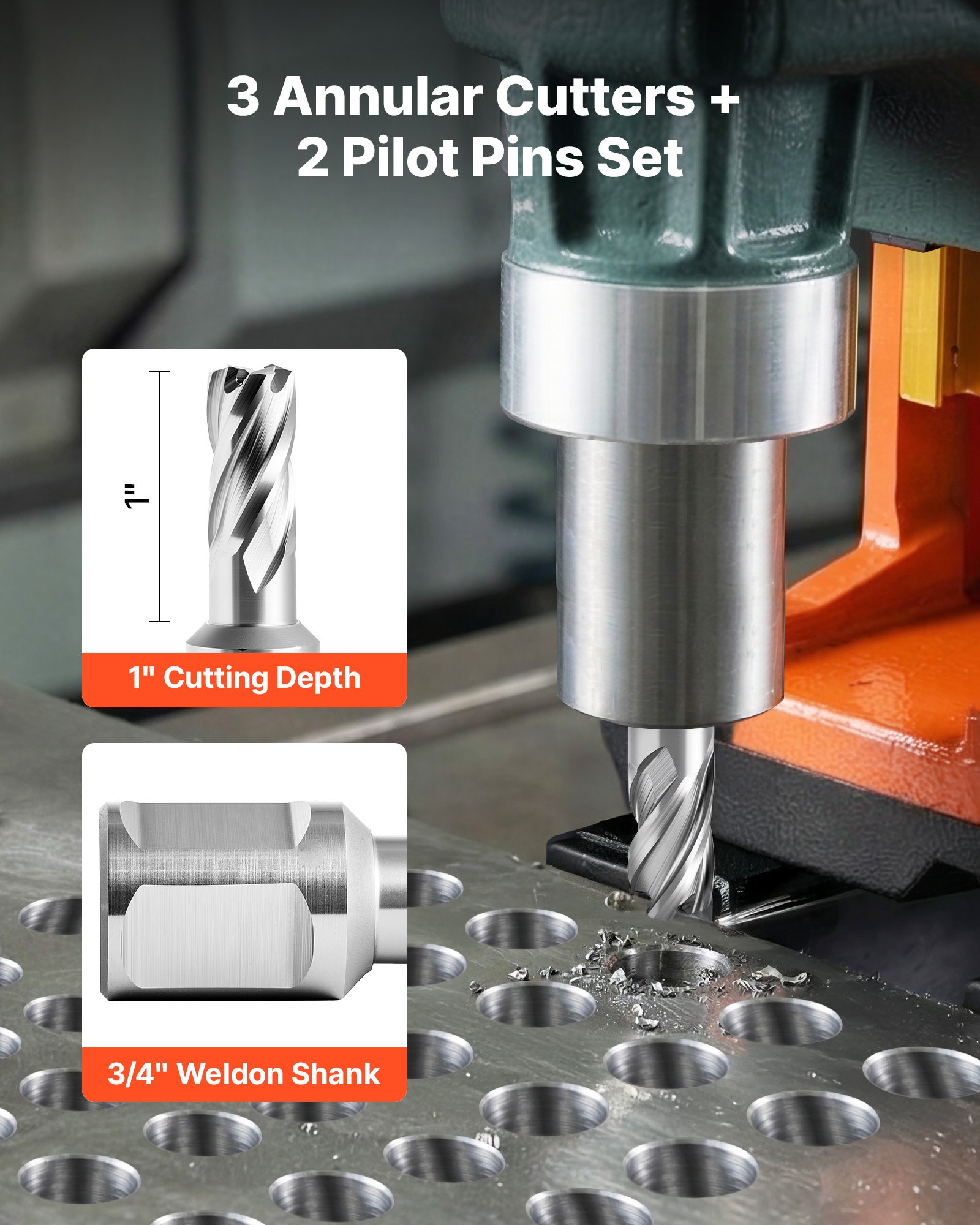 Annular Cutter Set, 5 Pcs Weldon Shank Mag Drill Bits Kit, 1" Cutting Depth, 1/2" Cutting Diameter, HSS, 3 Drill Bits With 2 Pilot Pins And 3 Plastic Cases, For Magnetic Drills, Steel, Aluminum