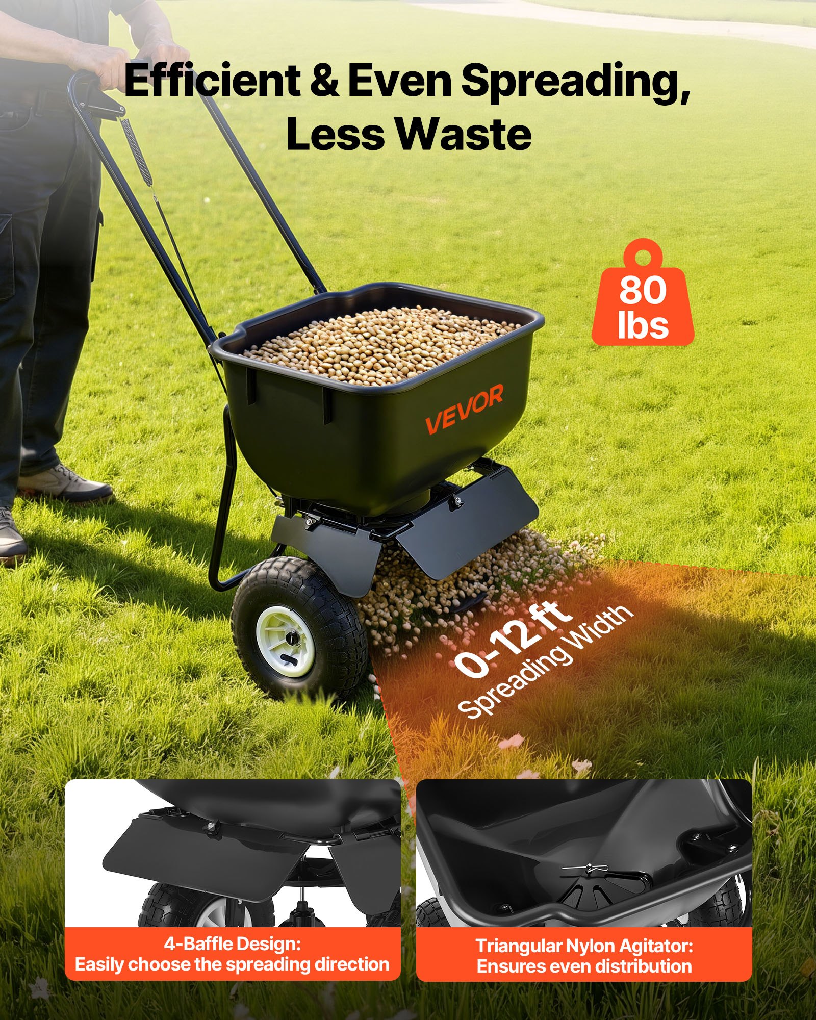 Push Lawn Spreader, 12ft Spreading Width, Broadcast Spreader With 80lbs Load Capacity & 10 In All-Terrain Tires, Walk-Behind Garden & Lawn Broadcast Spreaders For Seed Fertilizer, Salt Ice Melt