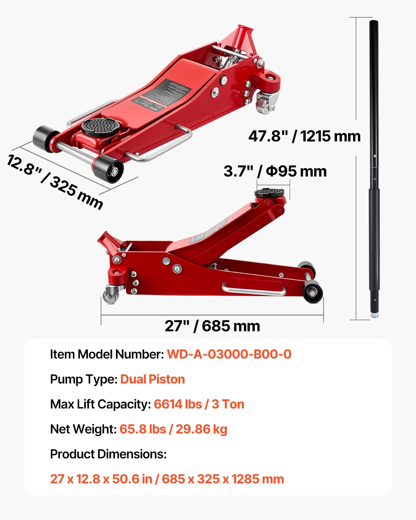 Low Profile Floor Jack, 3 Ton (6614 Lbs) Capacity, Aluminum Racing Floor Jack With Dual Pistons Quick Lift Pump, Hydraulic Trolley Car Lift For Sports Car, SUV, Pickup, Lifting Range 3.3"-20.3" - Image 1