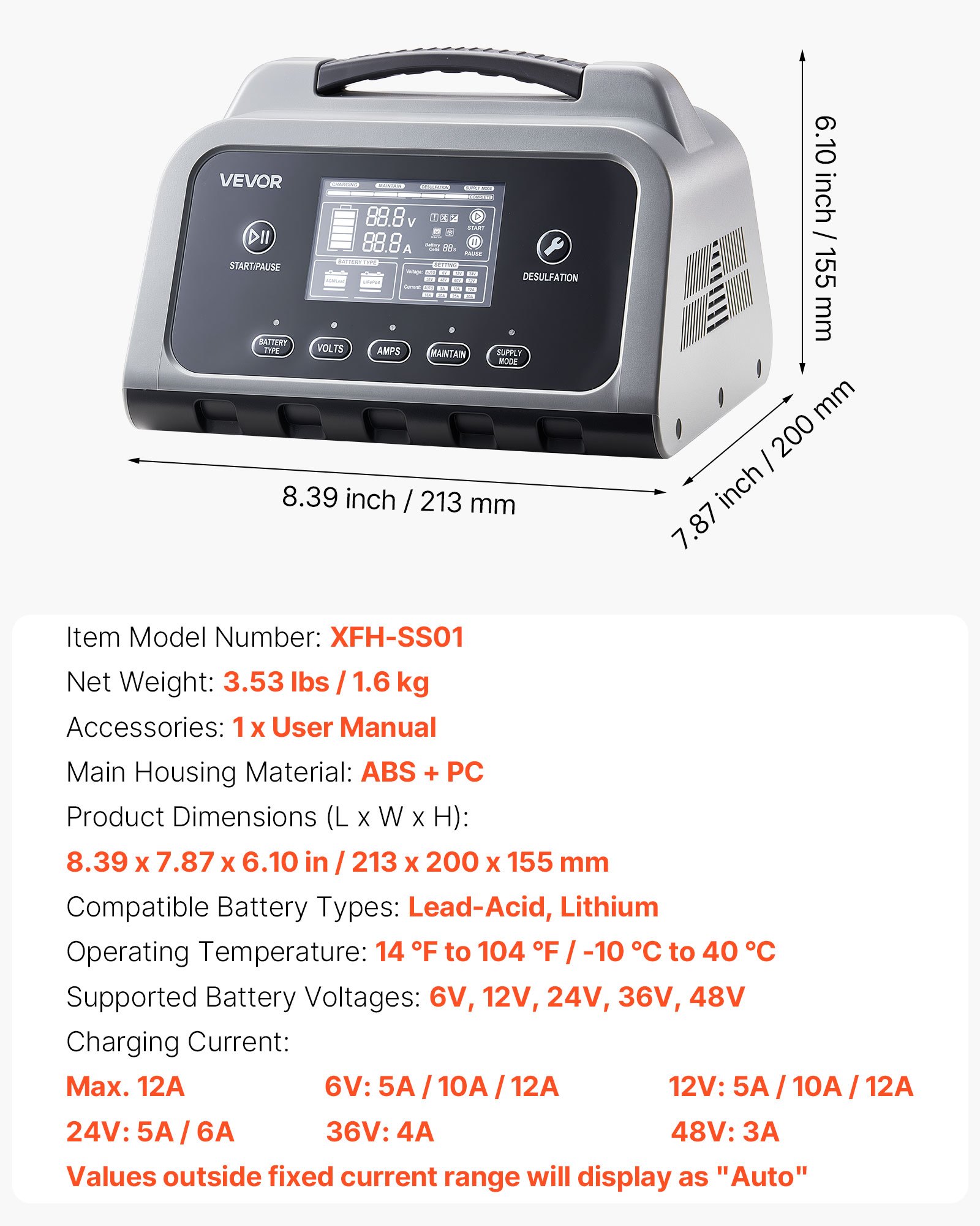 Smart Battery Charger, 12A, 6V 12V 24V 36V 48V Lithium LiFePO4