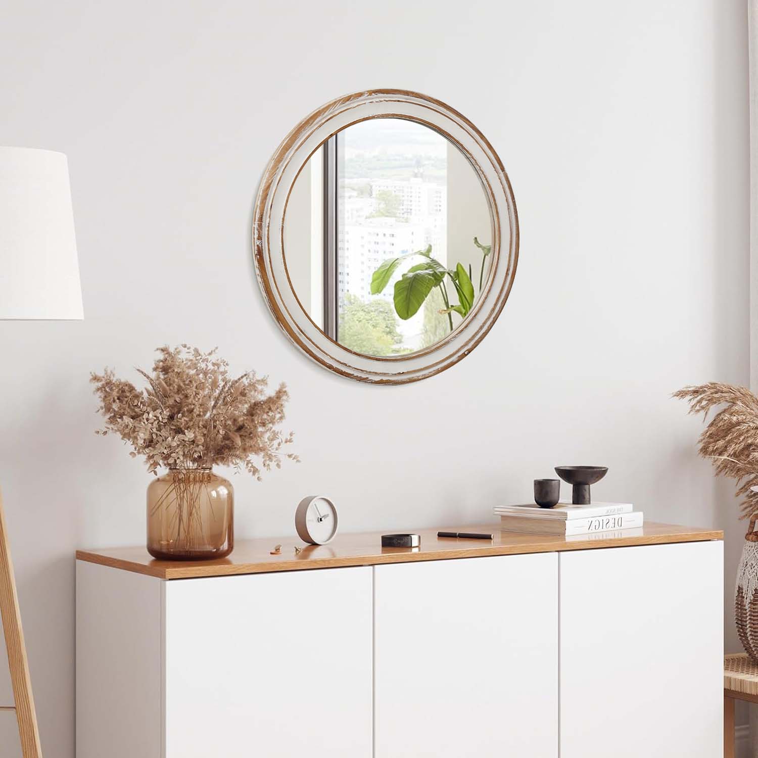 23.62 Inches Round Wall Mirror For Bathroom Vanity, Wooden Farmhouse Circle Mirrors For Bedroom, Entryway, Living Room, Kithen Whitewash Edge Decorative Mirror For Home, Office_voghion.com