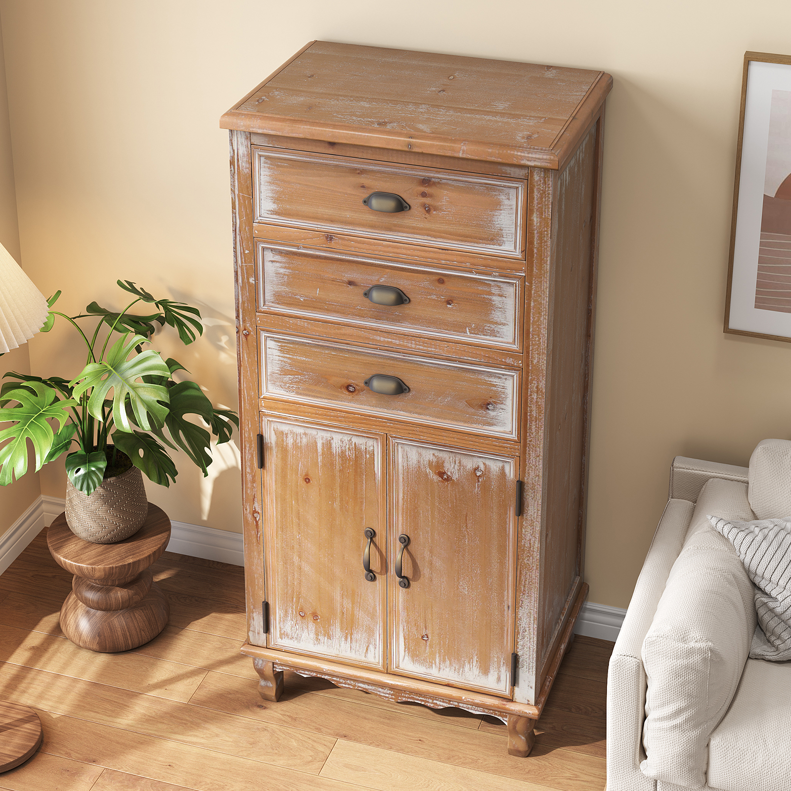 Rustic Wooden Storage Cabinet With Decorative Cutout Door & 3 Drawers, Tall Narrow Organizer For Living Room, Bedroom Natural Wood_voghion.com
